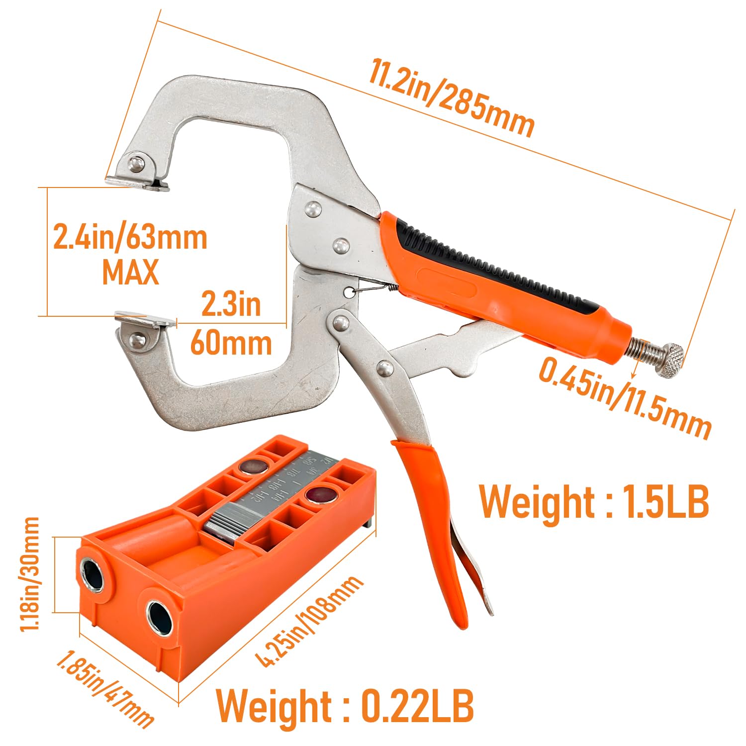 Sutekus Twin Drill Jig Kit Adjustable Pocket Hole Jig with 11 Inch Clamp, Square Driver Bit, Hex Wrench, Depth Stop Collar, Step Drill Bit, Plugs and Screws for Joinery Woodworking Carpentry