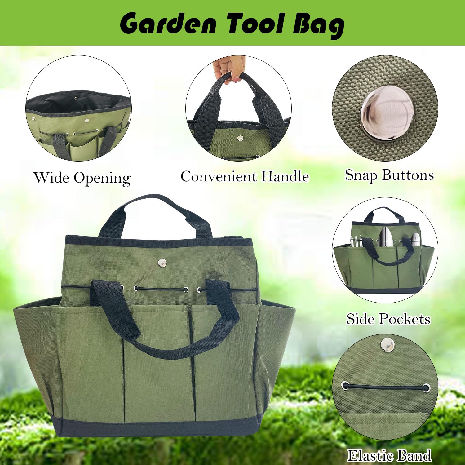 Sutekus Garden Tote Bag Tool Storage Tote Home Organizer Gardening Tool Kit Holder Heavy Duty Oxford Gardening Tool Bag with Pockets, Green