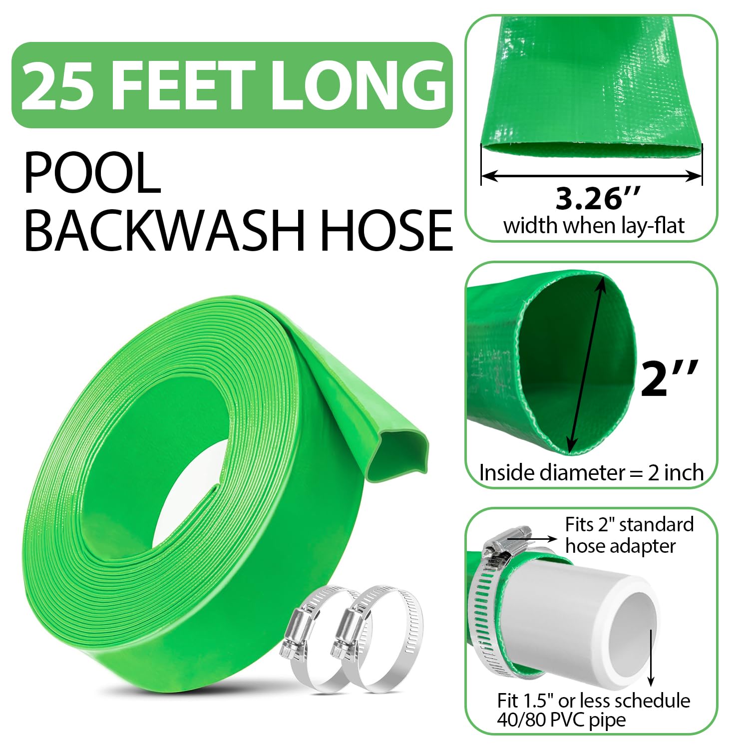 Sutekus 2" x 25' Pool Backwash Hose with Hose Clamps Heavy Duty Pool Drain Hose Thick PVC Lay Flat Discharge Hose Pool Filter Pump Hose Water Hose
