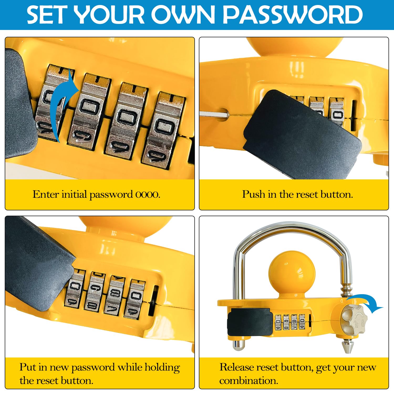 Sutekus Trailer Lock Universal Hitch Lock with Combination Lock Trailer Coupler Lock Camper Accessories for Travel Trailers Boats Trucks Rvs, fit 1-7/8", 2", 2-5/16" Coupler, Yellow