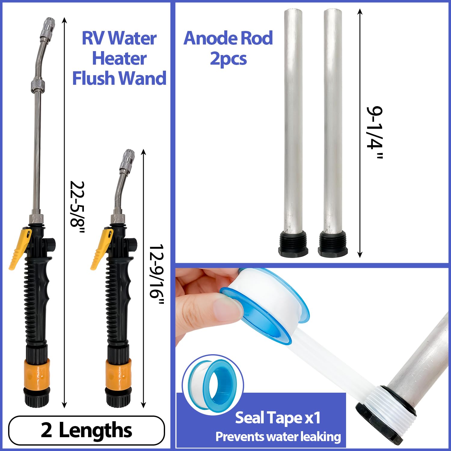 Sutekus RV Water Heater Anode Rod and Flush Wand Set Remove Sediment and Scale RV Water Heater Tank Rinser Flusher with 3/4" NPT Magnesium Rod & Seal Tape