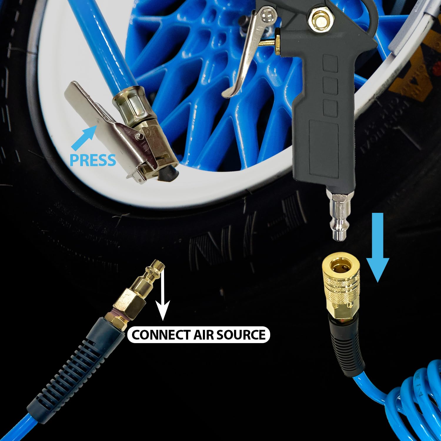 Sutekus 1/4" x 25ft Polyurethane Recoil Air Hose and Tire Inflator Gauge Set, Air Hose with 1/4" Quick Coupler and Plug, Tire inflator with Pressure Gauge