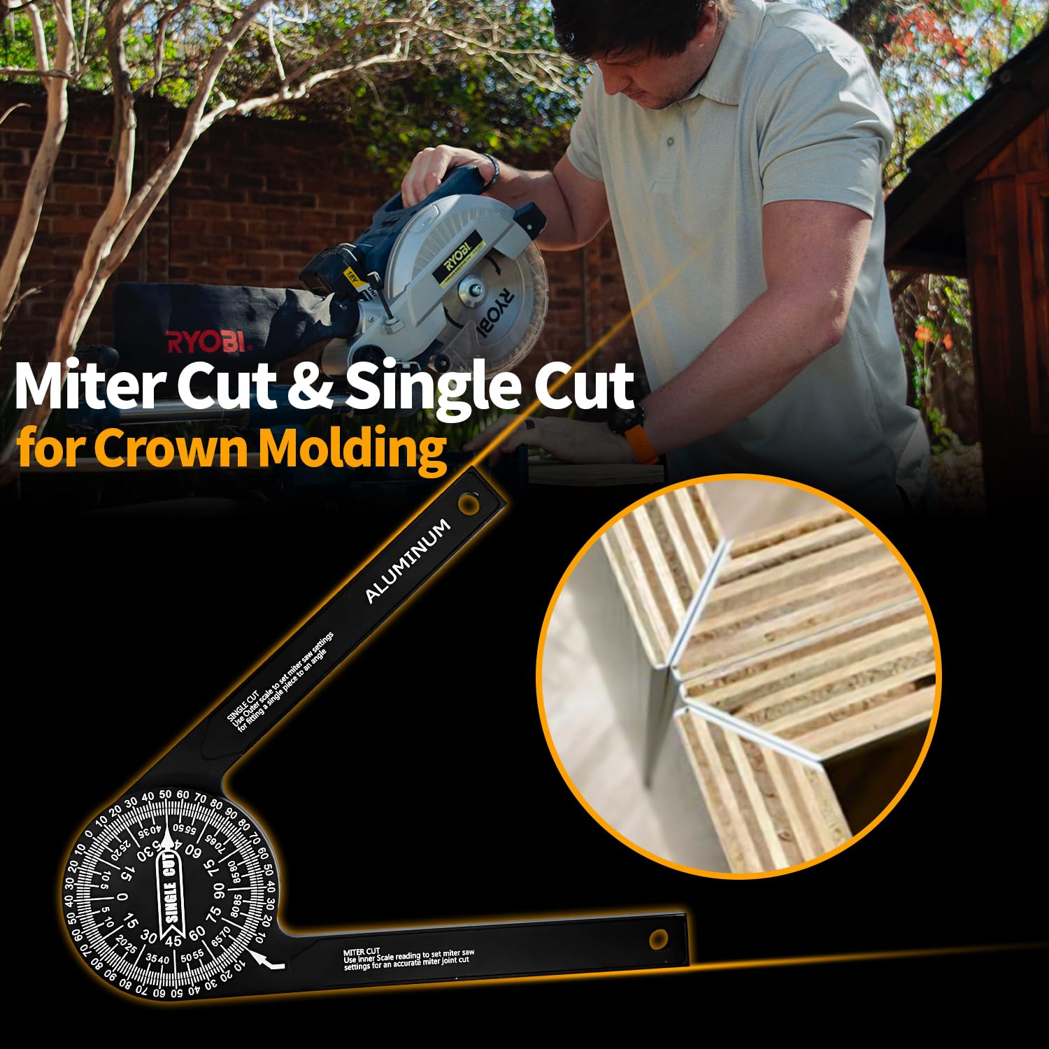 Sutekus Aluminum Miter Saw Protractor 7" Angle Finder Featuring Precision Laser Engraved Scales for All Building Trades, Plumbers, Carpenters