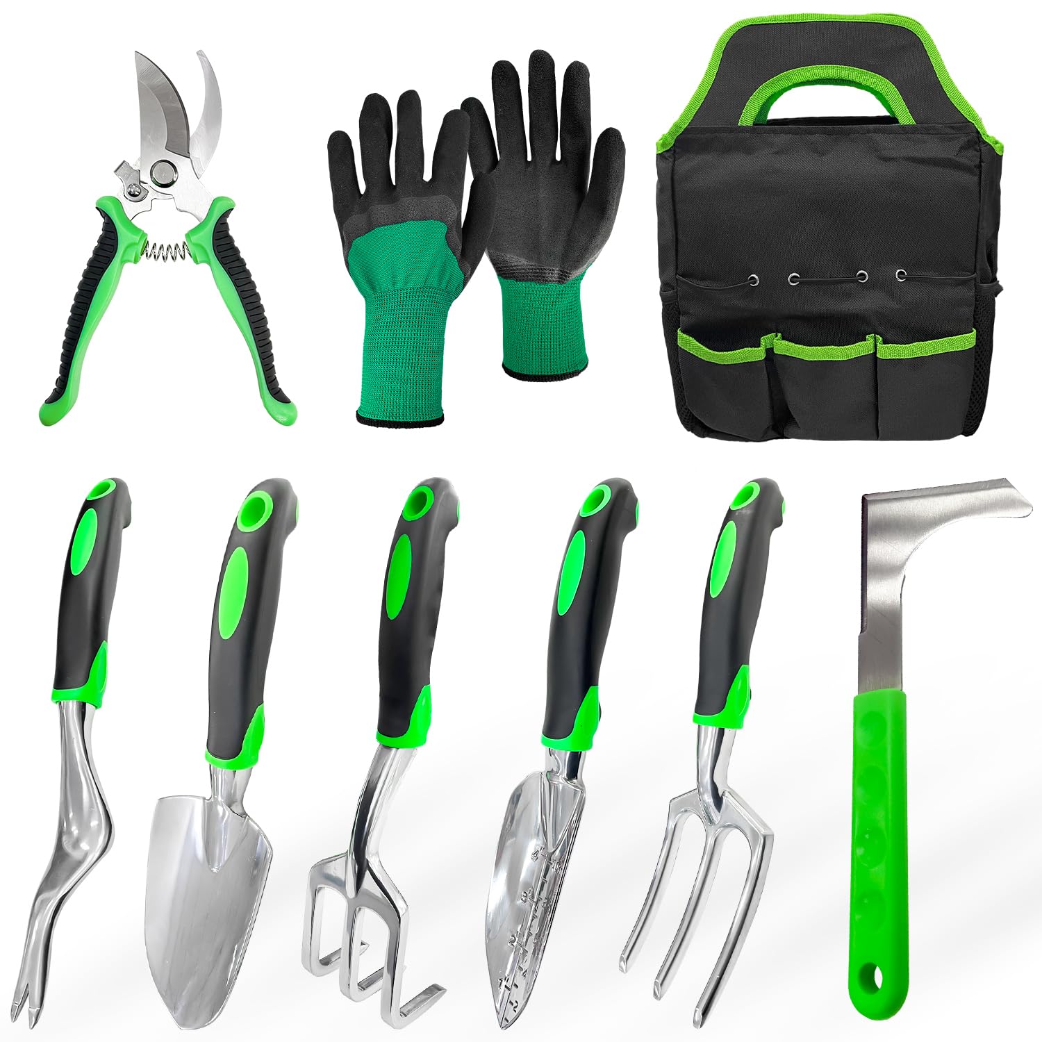 Sutekus Garden Tool Set 9 Piece Outdoor Hand Tools Kit for Men and Women, Including Hand Rake Trowel Scoop Weeder Cultivator Pruner Crack Weeder Gloves and Storage Tote Bag, Green