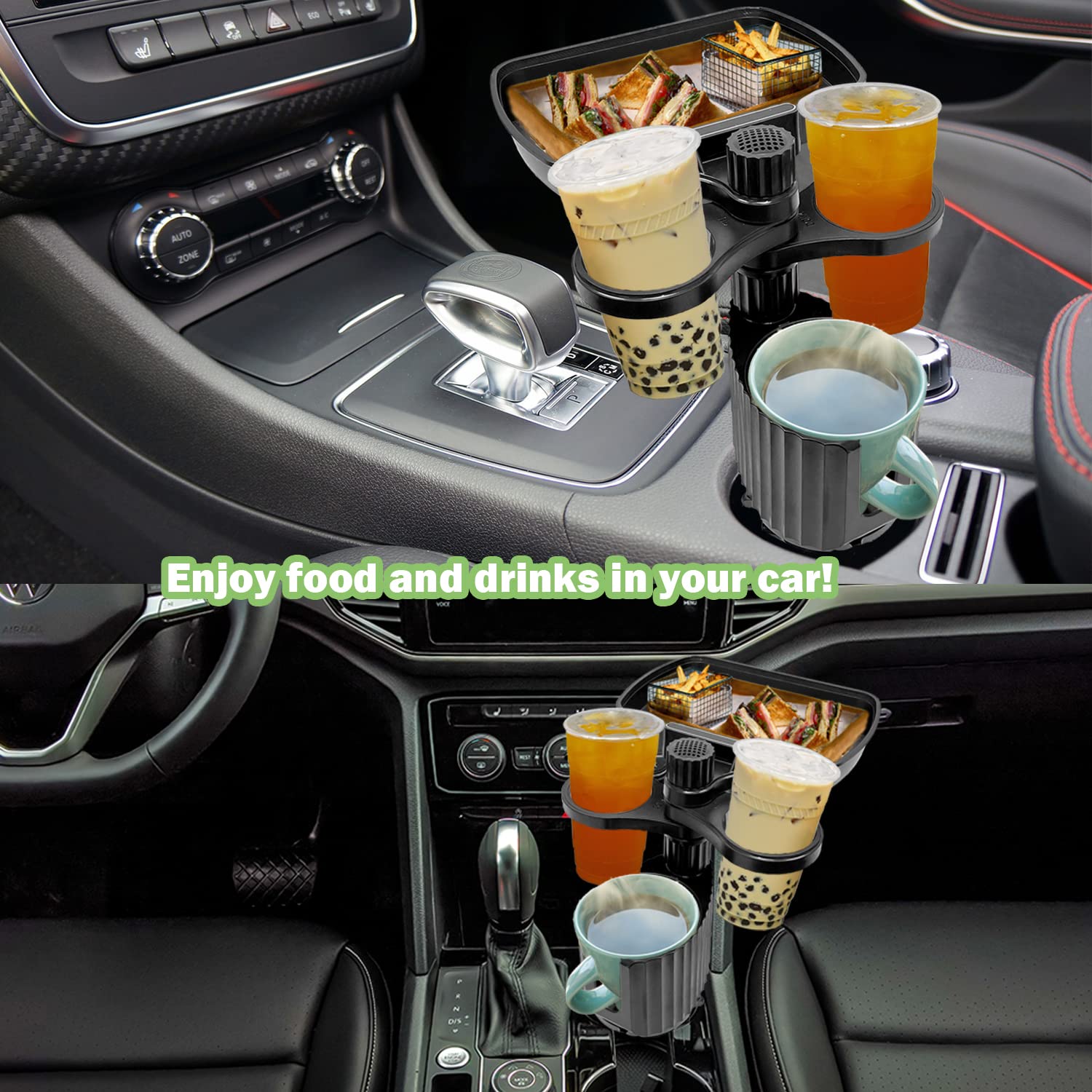 Sutekus 4 in 1 Car Cup Holder Tray Adjustable Automotive Cup Holder Extender with Phone Slot, 3 Car Drink Holder, Car Food Tray Table - Fits Yeti and Hydro Flasks
