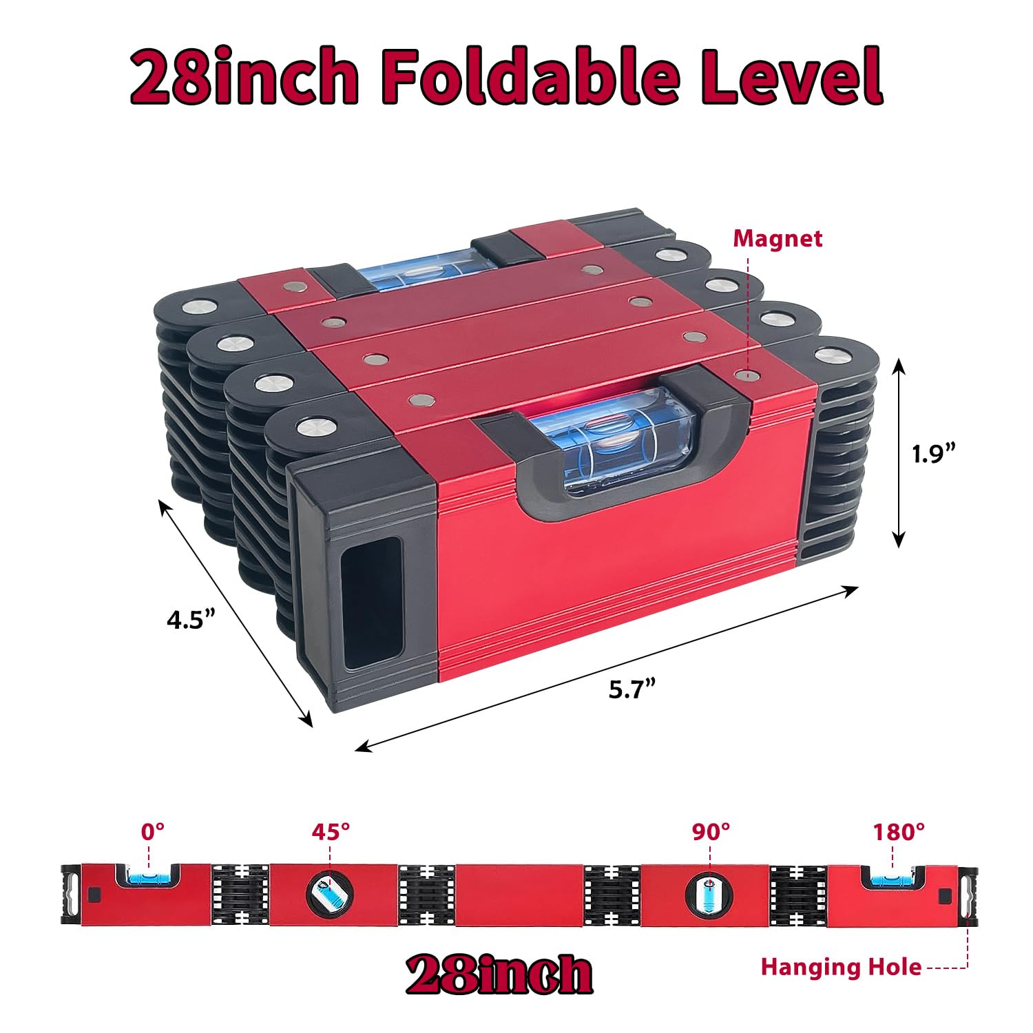 Sutekus Folding Level 5 Sections Foldable Level Aluminum Alloy Multi-Angle Measurement Tool with Level Bubbles and Powerful Magnets for Woodworking Construction
