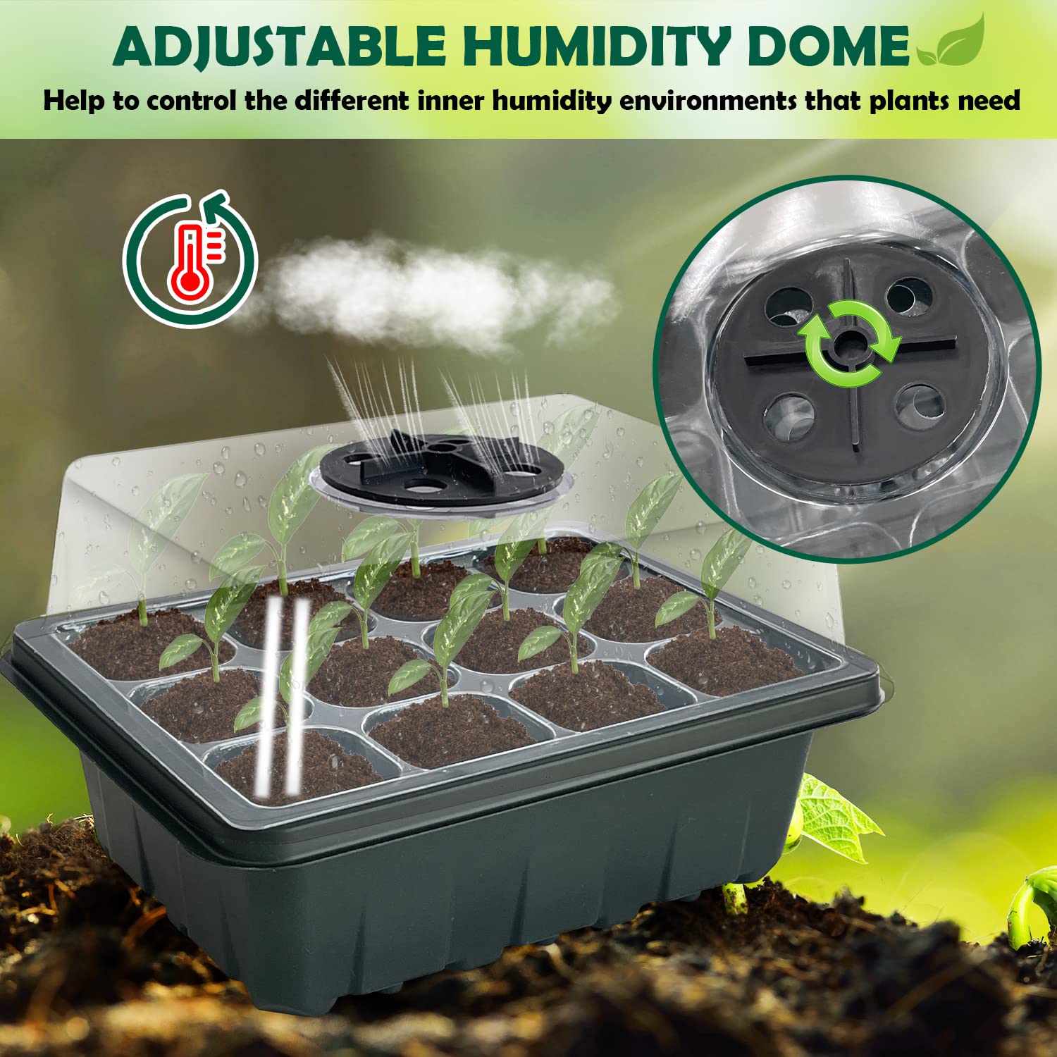 Sutekus Seedling Trays Seed Starter Kit with Humidity Adjustment Domes Mini Propagator Plant Grow Set for Seedling Greenhouse, 5Packs/60Cells