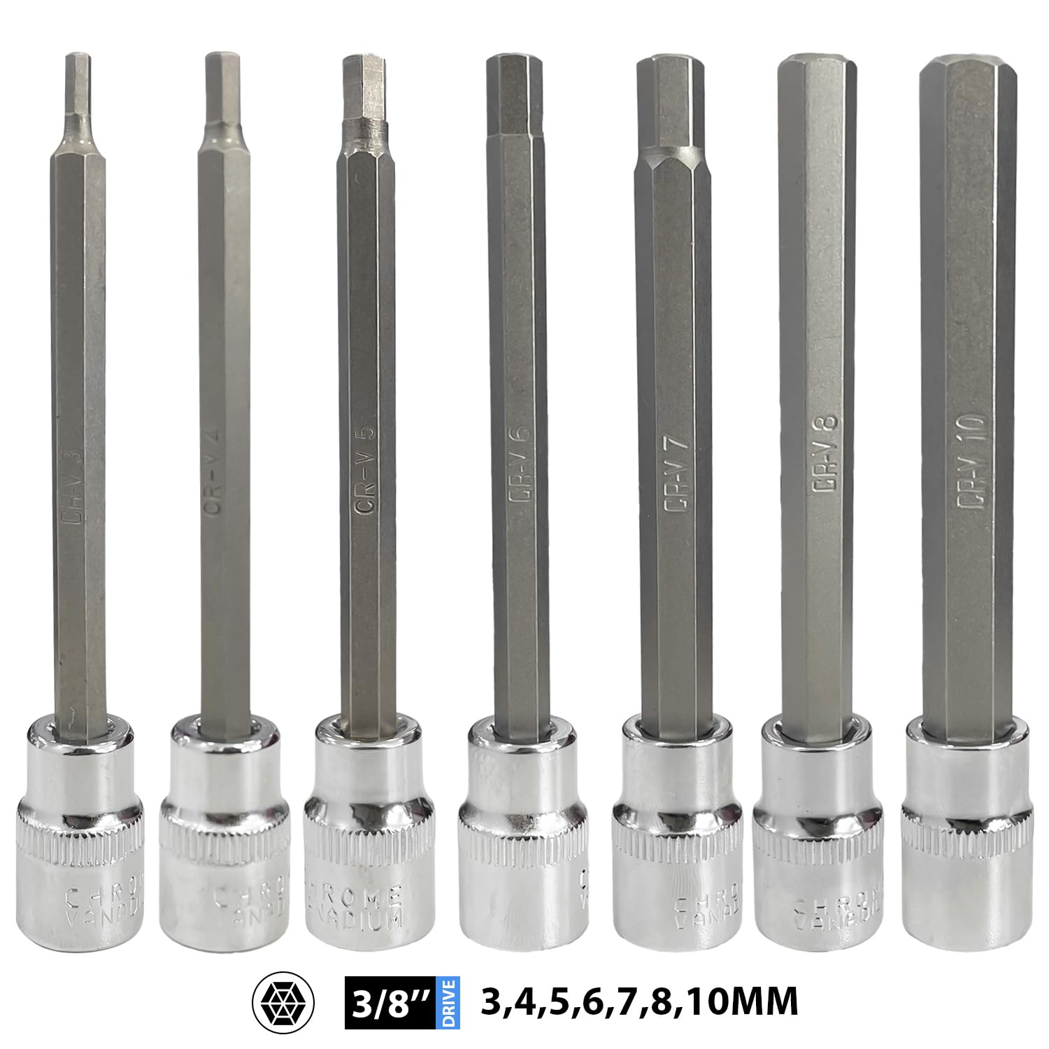 Sutekus 3/8" Drive Extra Long Allen Hex Bit Socket Set Heavy Duty Chrome Vanadium & S2 Alloy Steel Hex Head in 3mm - 10mm Metric Drive Sizes, 7 Pieces