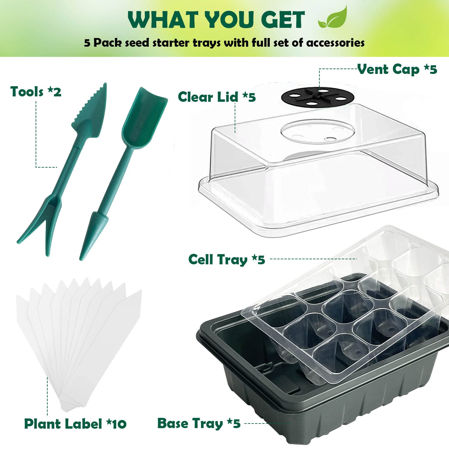 Sutekus Seedling Trays Seed Starter Kit with Humidity Adjustment Domes Mini Propagator Plant Grow Set for Seedling Greenhouse, 5Packs/60Cells