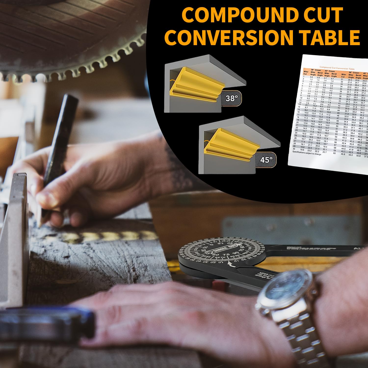 Sutekus Aluminum Miter Saw Protractor 7" Angle Finder Featuring Precision Laser Engraved Scales for All Building Trades, Plumbers, Carpenters