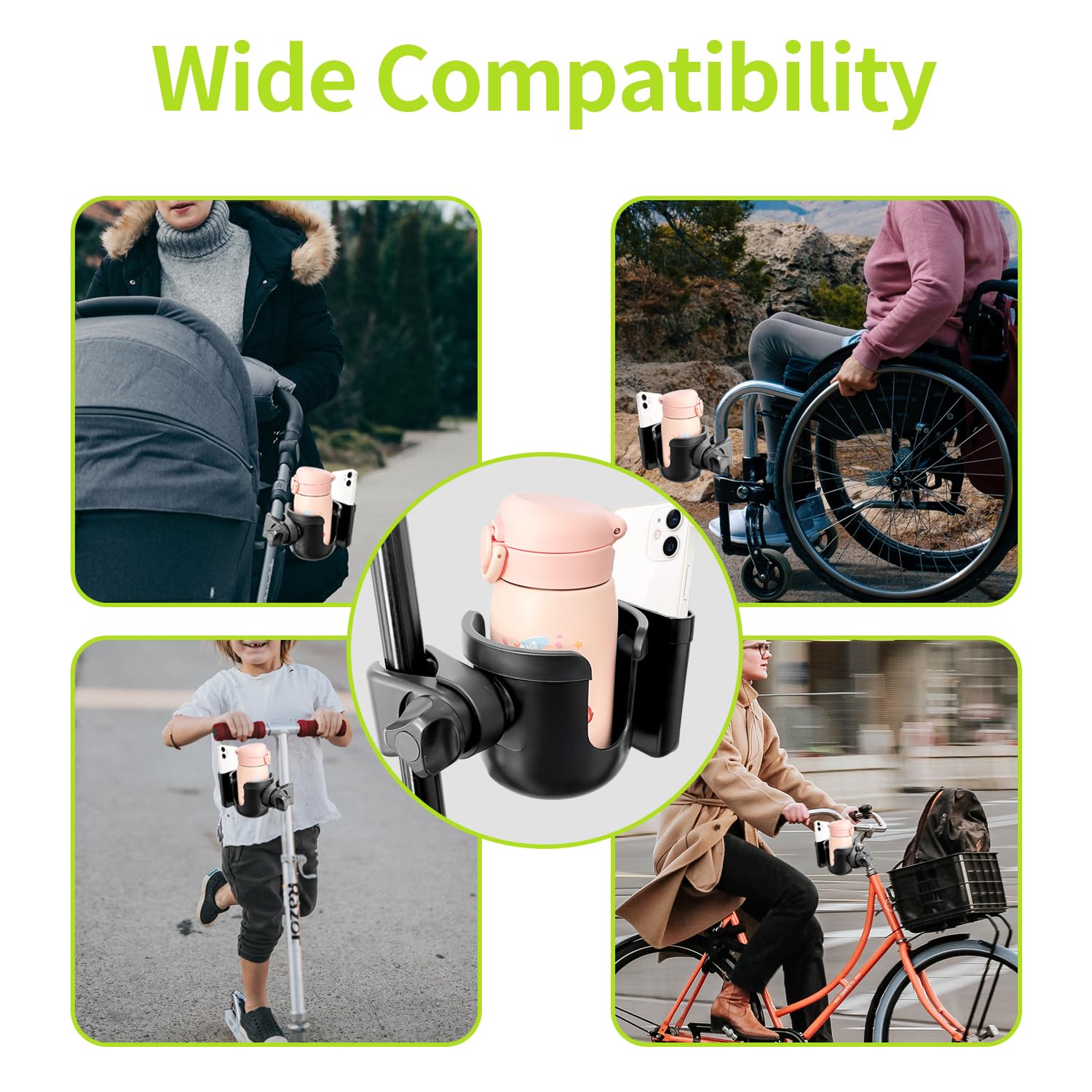 Sutekus Stroller Cup Holder with Phone Holder Universal 2-in-1 Cup Holder for Uppababy Stroller Bike Walker Scooter Wheelchair, 2Pack