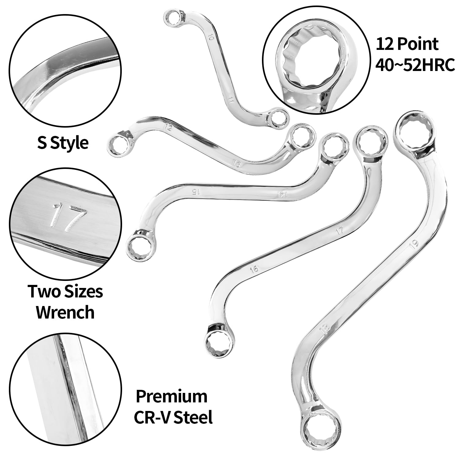 Sutekus S-Style Box Wrench Set Metric S-Style Wrench with Double 12-Point Box Ends,10mm to 19mm S-Shaped Wrench for Vehicle Maintenance Machinery, 5Pcs