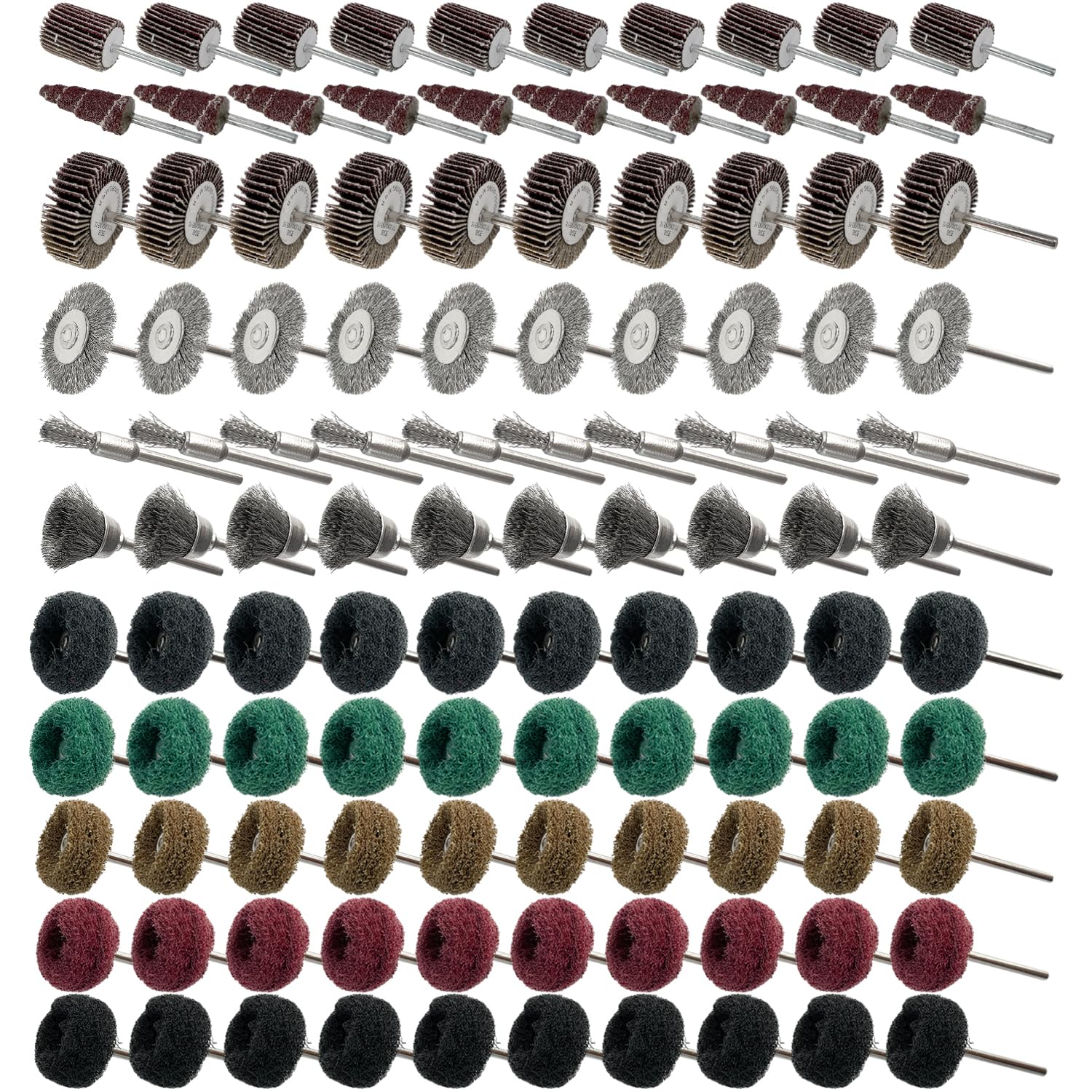Sutekus 110pcs Buffing Wheels Set Polishing Kit with 1/8" Shank for Rotary Tools Accessories, Including Wire Buffing Wheel Brush Set, Abrasive Flap Wheel Sander and Abrasive Buffing Wheels