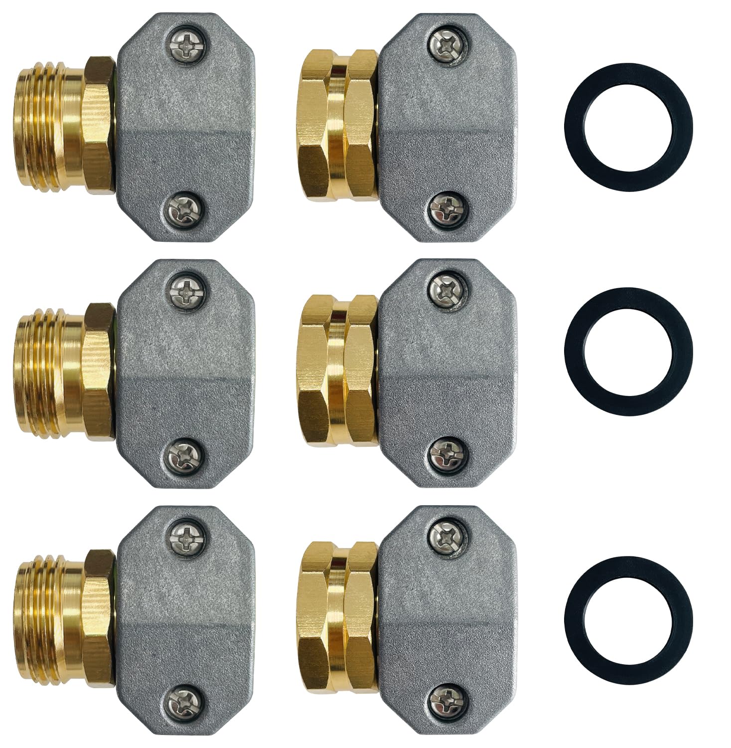 Sutekus Garden Hose Repair Kit Aluminum Alloy Female and Male Water Hose End Repair Connectors with 3/4" Threading & Zinc Clamp, 3Pack