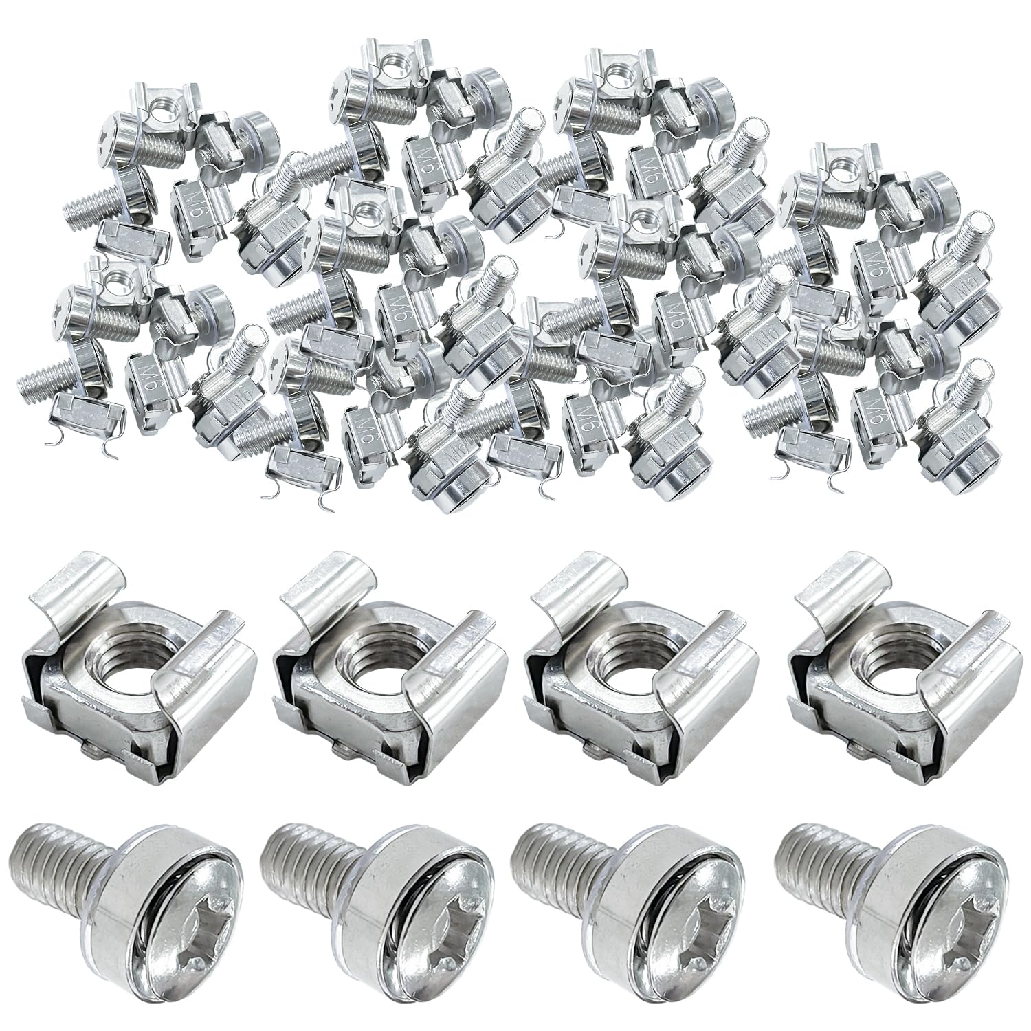 Sutekus 50 Pack M6 x 16 mm Rack Mount Cage Nuts Screws and Washers for Cabinet, Patch Panel, Server Shelves Fixing & Installation and Panel Rack Mounting, Nickle