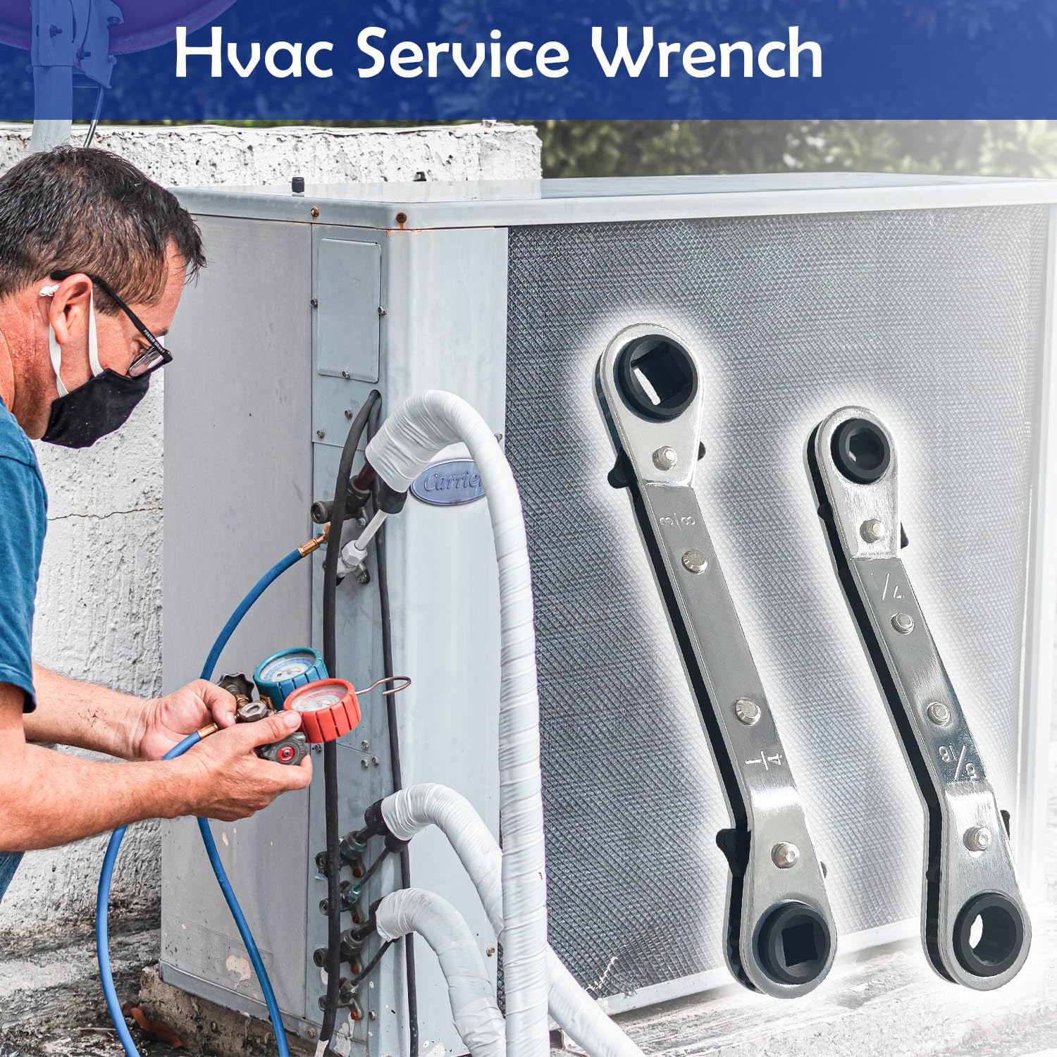 Sutekus Hvac Service Wrench Set 3/16” 3/8” 5/16'' 1/4'' Air Conditioner Valve Ratchet Wrenches Reversible Ratcheting Wrench Set for Refrigeration and Equipment Repair