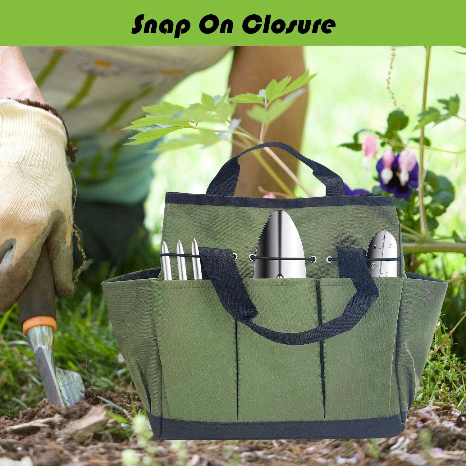 Sutekus Garden Tote Bag Tool Storage Tote Home Organizer Gardening Tool Kit Holder Heavy Duty Oxford Gardening Tool Bag with Pockets, Green
