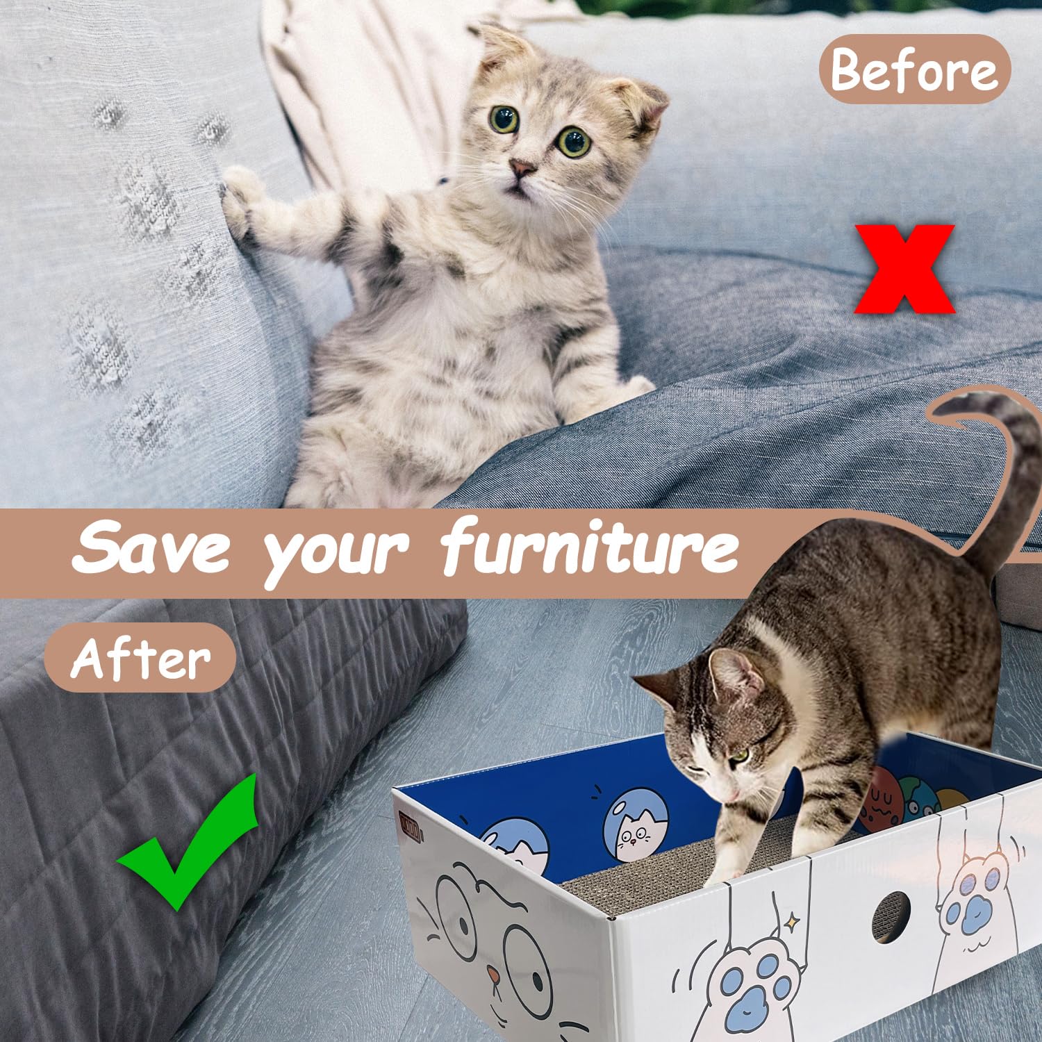 Sutekus Cat Scratch Pad with Box Scratching Pads Corrugated Scratching Bed with Catnip DIY Cat Scratch Box