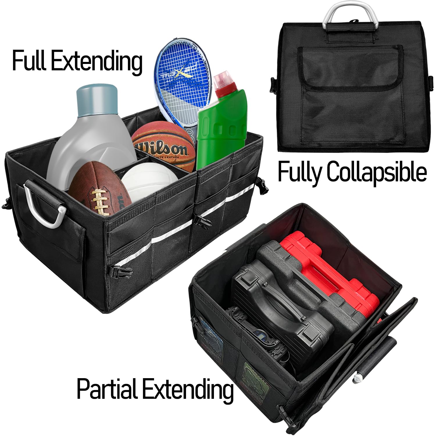 Sutekus Folding Trunk Organizer Cargo Storage 3-Compartment Cargo Trunk Storage Organizer With Lid Suitable for Any Car SUV Van (Reinforced Handles)