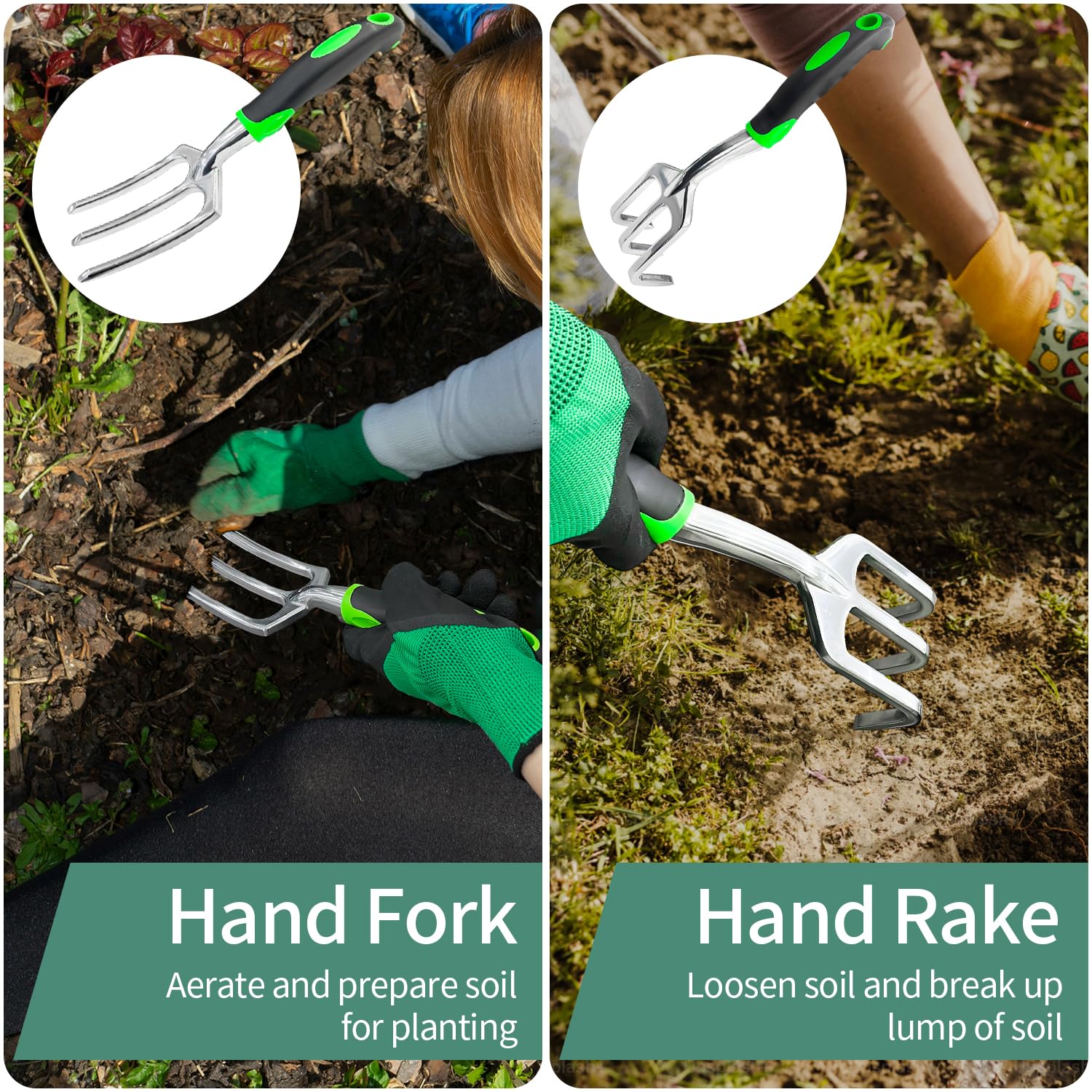 Sutekus Garden Tool Set 9 Piece Outdoor Hand Tools Kit for Men and Women, Including Hand Rake Trowel Scoop Weeder Cultivator Pruner Crack Weeder Gloves and Storage Tote Bag, Green