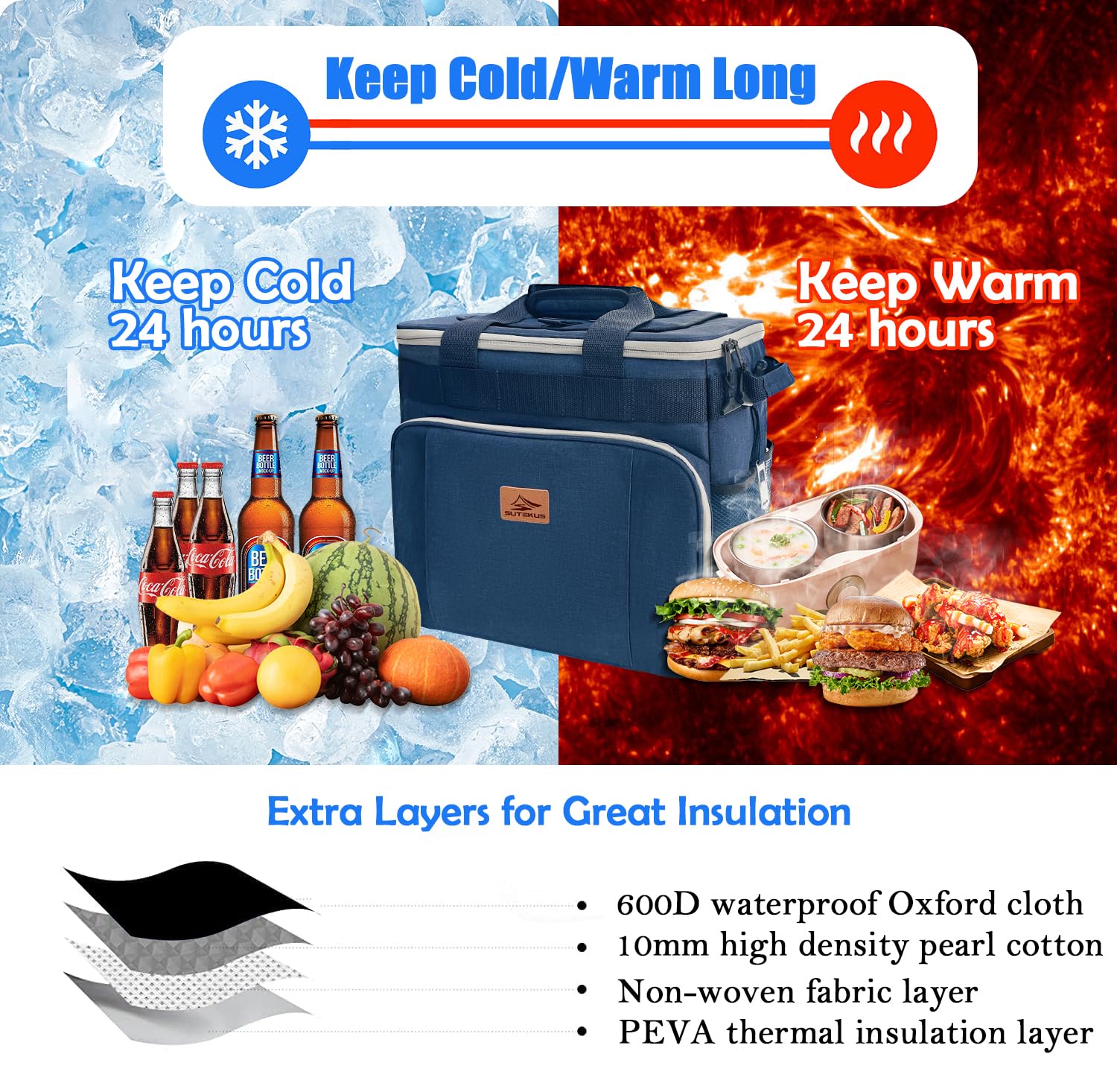Sutekus Insulated Lunch Cooler Bag Large Cooler Tote Bag Collapsible 50 Can Fully-Insulated Lunch Box with Multi-Pockets and Adjustable Shoulder Strap for Work Camping Beach Travel, Navy