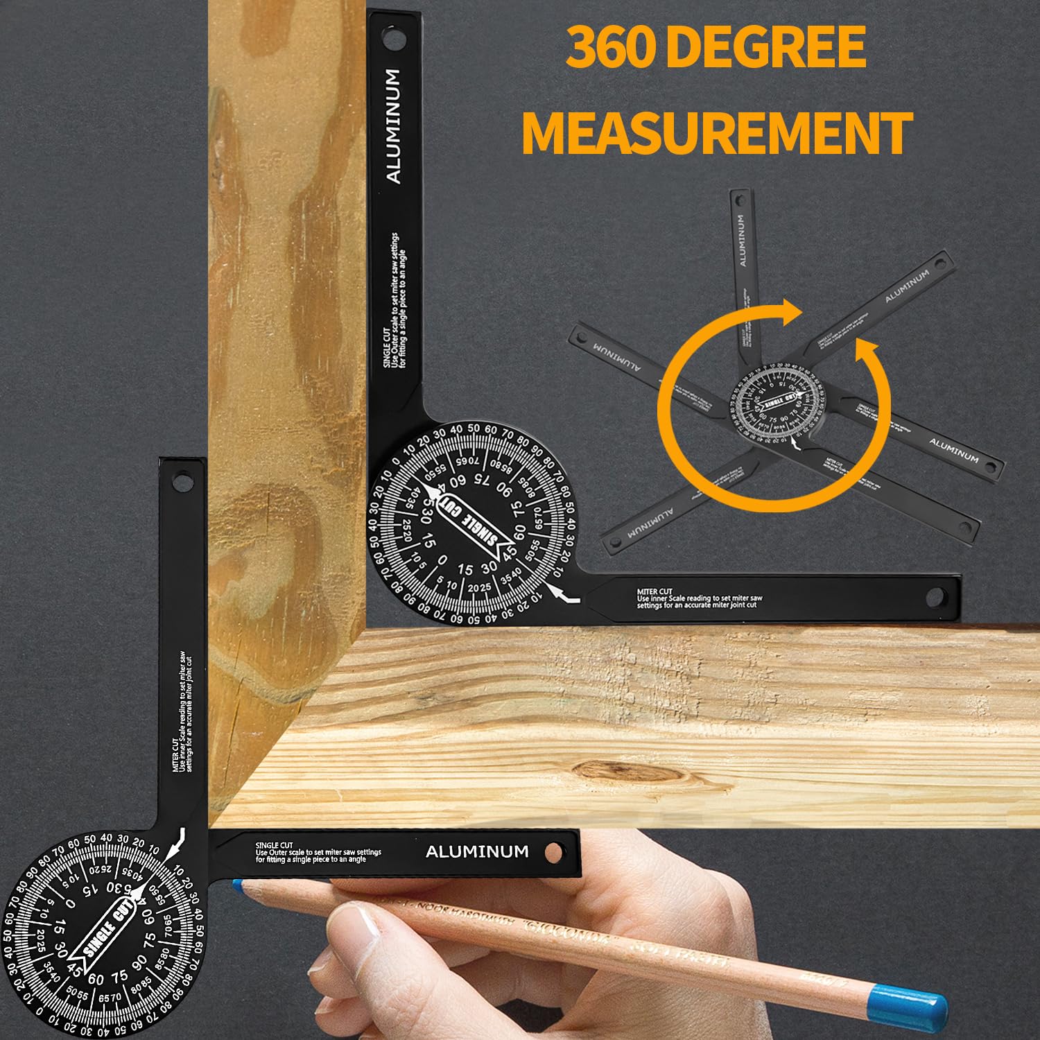 Sutekus Aluminum Miter Saw Protractor 7" Angle Finder Featuring Precision Laser Engraved Scales for All Building Trades, Plumbers, Carpenters