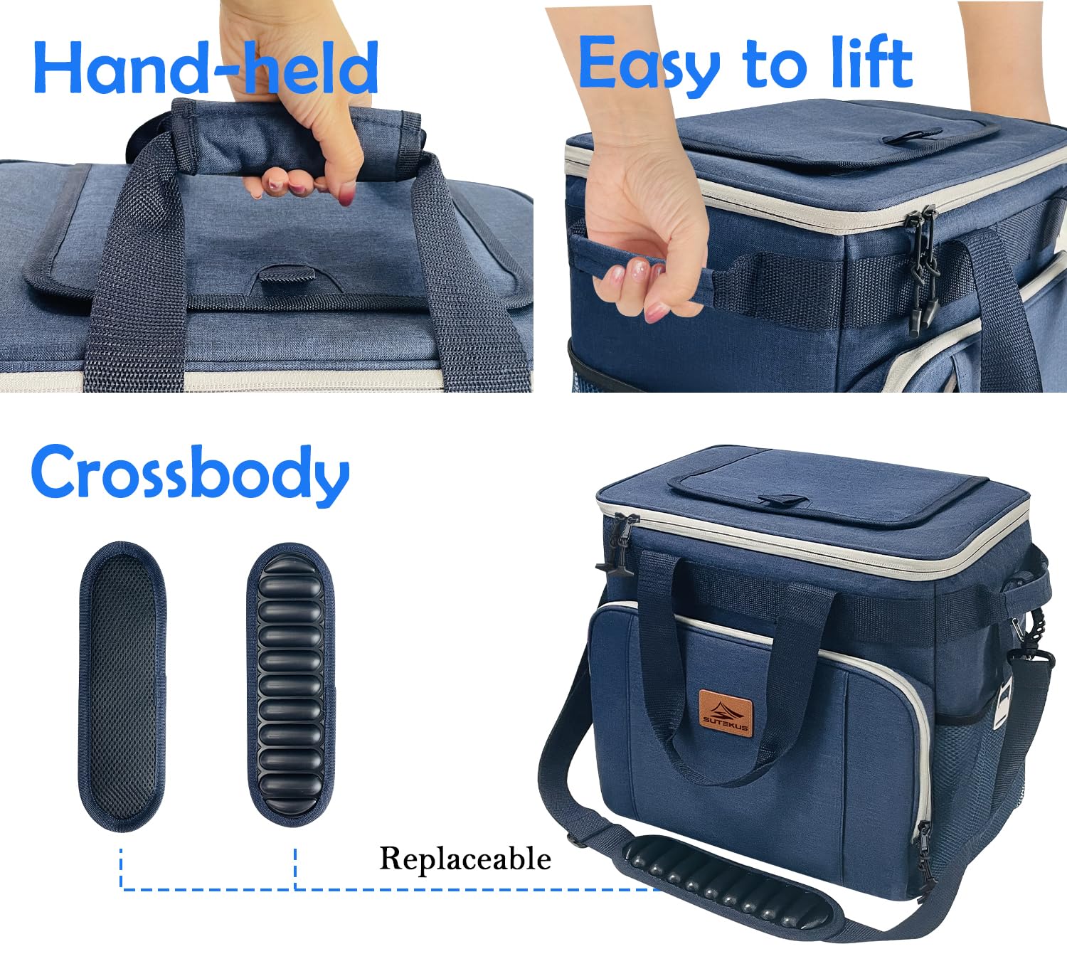 Sutekus Insulated Lunch Cooler Bag Large Cooler Tote Bag Collapsible 50 Can Fully-Insulated Lunch Box with Multi-Pockets and Adjustable Shoulder Strap for Work Camping Beach Travel, Navy
