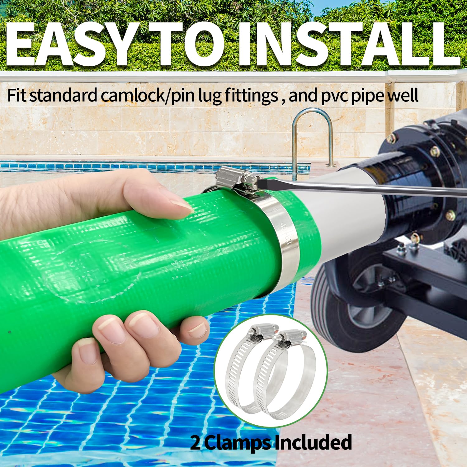 Sutekus 2" x 25' Pool Backwash Hose with Hose Clamps Heavy Duty Pool Drain Hose Thick PVC Lay Flat Discharge Hose Pool Filter Pump Hose Water Hose
