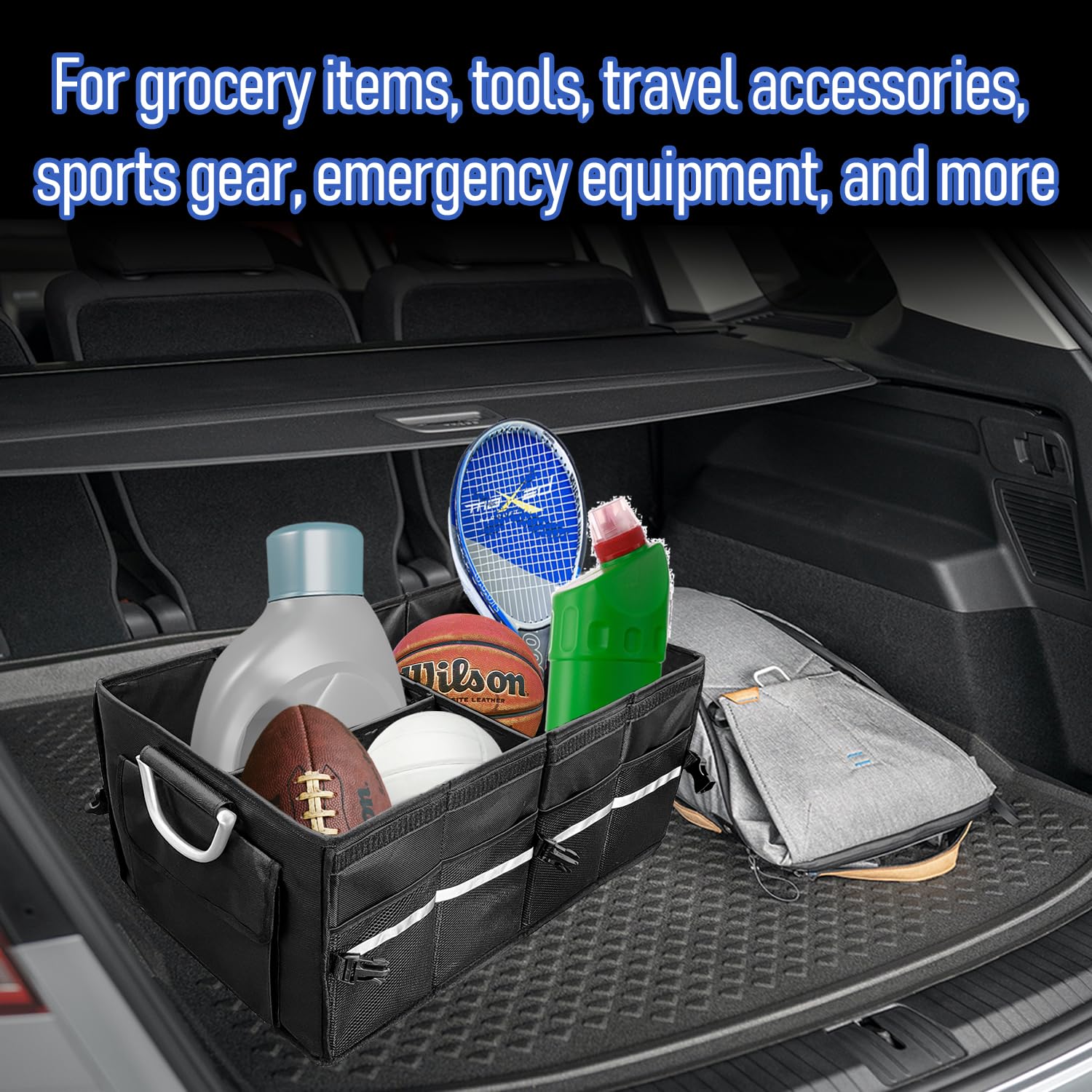 Sutekus Folding Trunk Organizer Cargo Storage 3-Compartment Cargo Trunk Storage Organizer With Lid Suitable for Any Car SUV Van (Reinforced Handles)