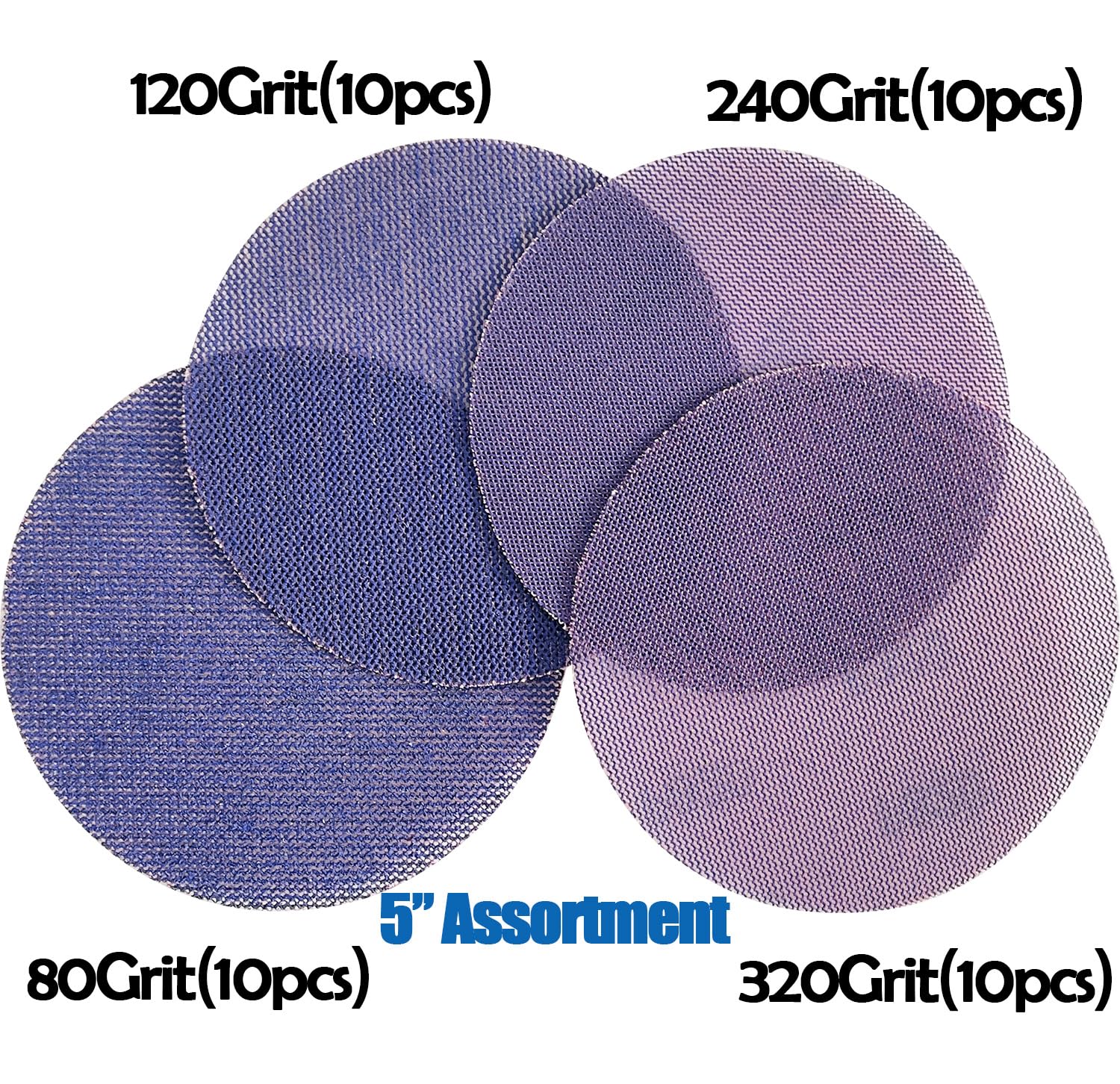 Sutekus 5" Hook and Loop Sanding Discs 80 120 240 320 Assort Grit Ceramic Sandpaper Dust Free Sanding Net for for Woodworking Automative Paint Preparation and Removal, 40PCS, Purple