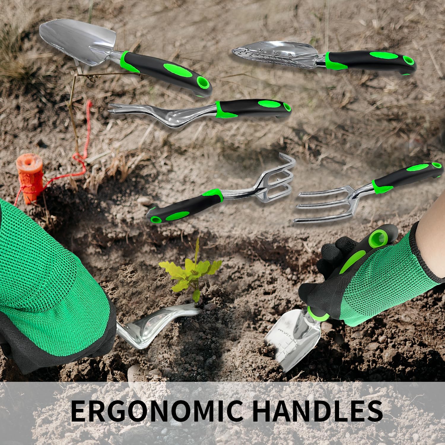 Sutekus Garden Tool Set 9 Piece Outdoor Hand Tools Kit for Men and Women, Including Hand Rake Trowel Scoop Weeder Cultivator Pruner Crack Weeder Gloves and Storage Tote Bag, Green