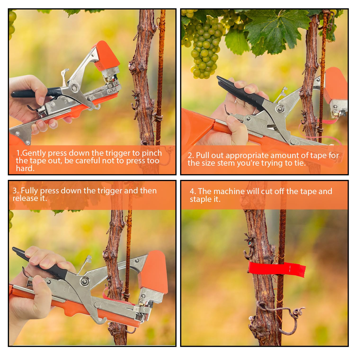 Sutekus Plant Tying Machine Garden Tape Tool Including Tapes, Staples andSpare Parts, Tomatoes Peppers and Cucumbers Tape Tool Fruit Twine Tool, Orange