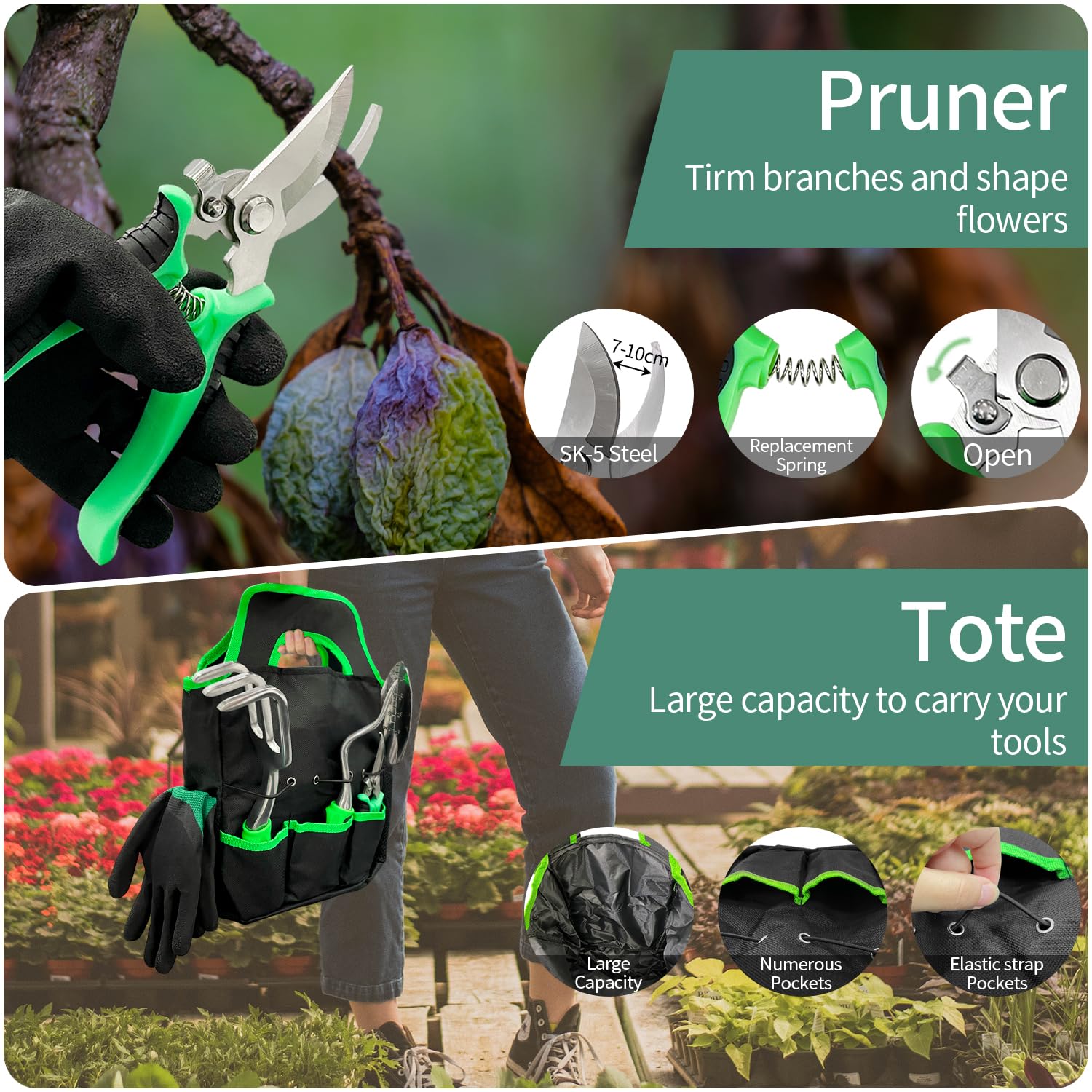 Sutekus Garden Tool Set 9 Piece Outdoor Hand Tools Kit for Men and Women, Including Hand Rake Trowel Scoop Weeder Cultivator Pruner Crack Weeder Gloves and Storage Tote Bag, Green