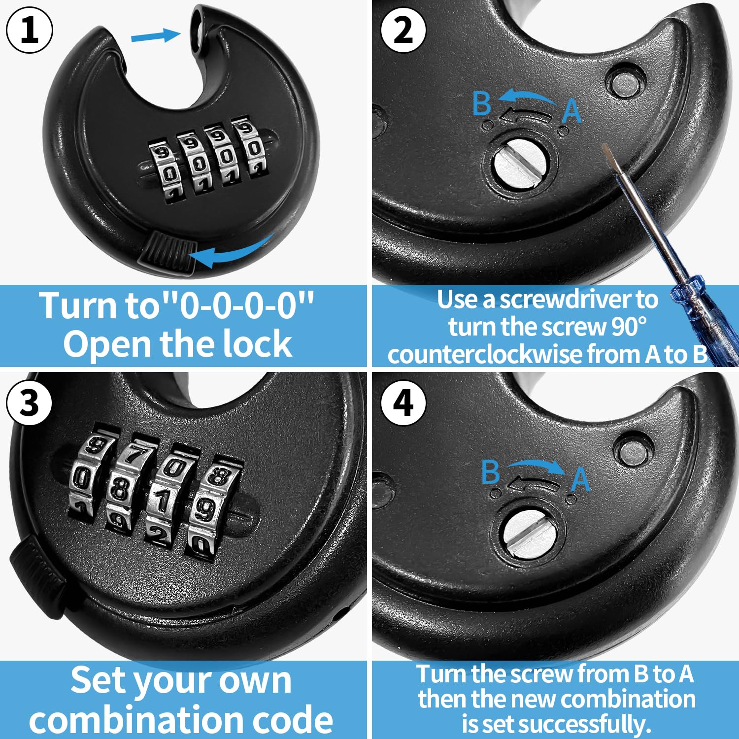 Sutekus Combination Lock 4 Digit Disc Padlock with Steel Shackle Waterproof Padlock Heavy Duty Combo Lock Round Outdoor Lock for School Gym Locker, Fence, Toolbox, Gate, Case, Hasp Storage, Black