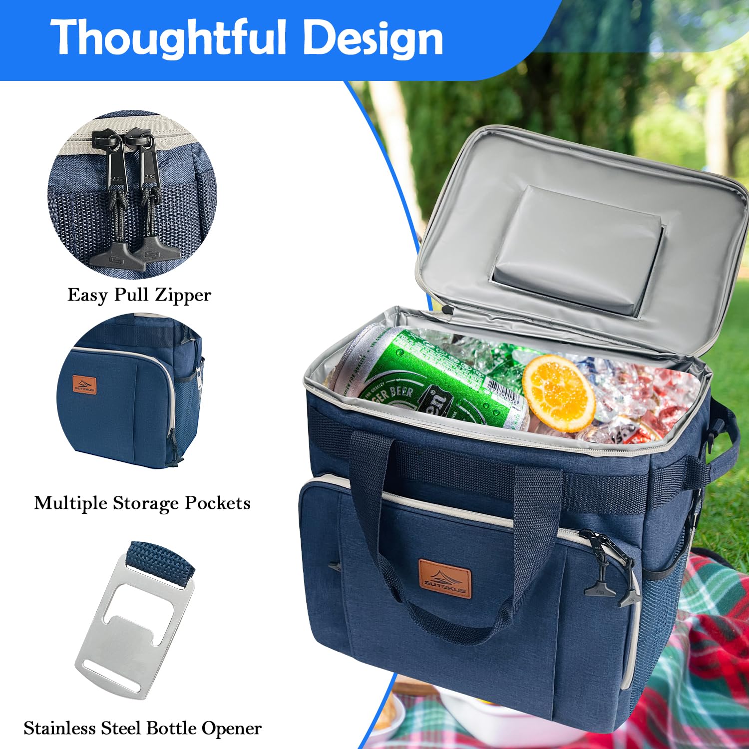 Sutekus Insulated Lunch Cooler Bag Large Cooler Tote Bag Collapsible 50 Can Fully-Insulated Lunch Box with Multi-Pockets and Adjustable Shoulder Strap for Work Camping Beach Travel, Navy
