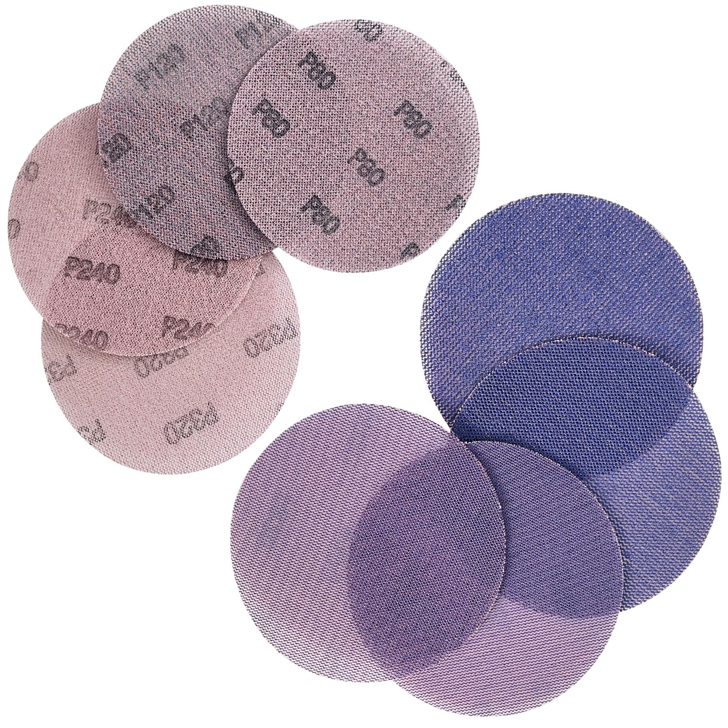 Sutekus 5" Hook and Loop Sanding Discs 80 120 240 320 Assort Grit Ceramic Sandpaper Dust Free Sanding Net for for Woodworking Automative Paint Preparation and Removal, 40PCS, Purple