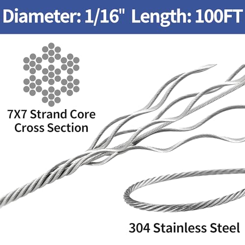 Sutekus 1/16 Wire Rope Aircraft Cable 304 Stainless Steel Cable 7x7 Strand Core Steel Wire for Hanging Garden Yard String Lights Picture Clothesline