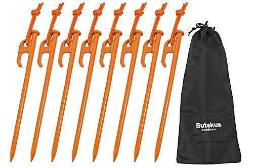 Sutekus Heavy Duty Steel Tent Stakes Color Tarp Pegs Solid Camping Stakes with Reflective Pull Cord for Outdoor Camping Garden Canopy, 8"/8PCS