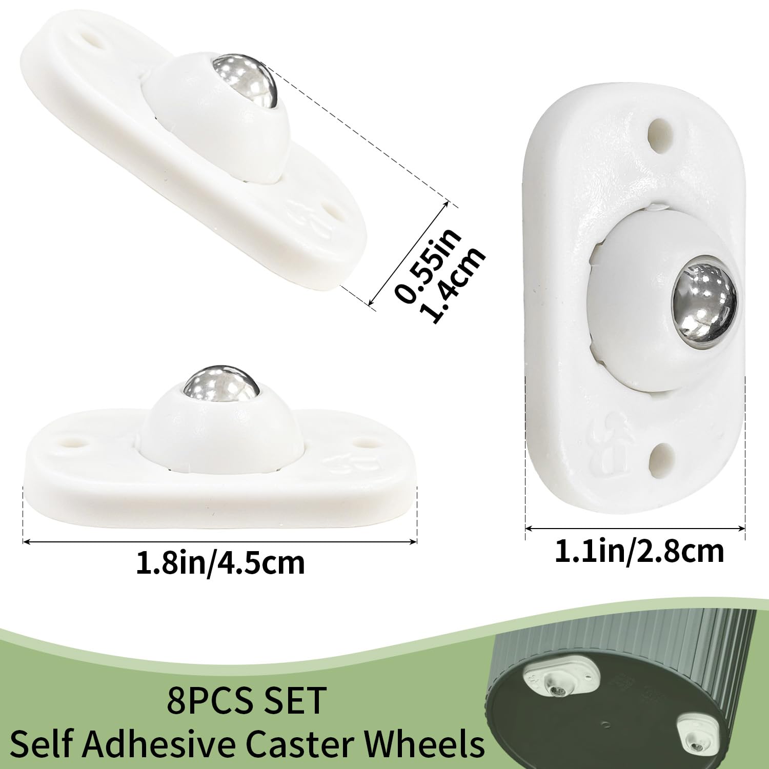 Sutekus Self Adhesive Caster Wheels Stainless Steel Universal Wheels 360 Degree Rotation Sticky Rollers for Small Appliance Storage Box etc, 8 Pieces, White