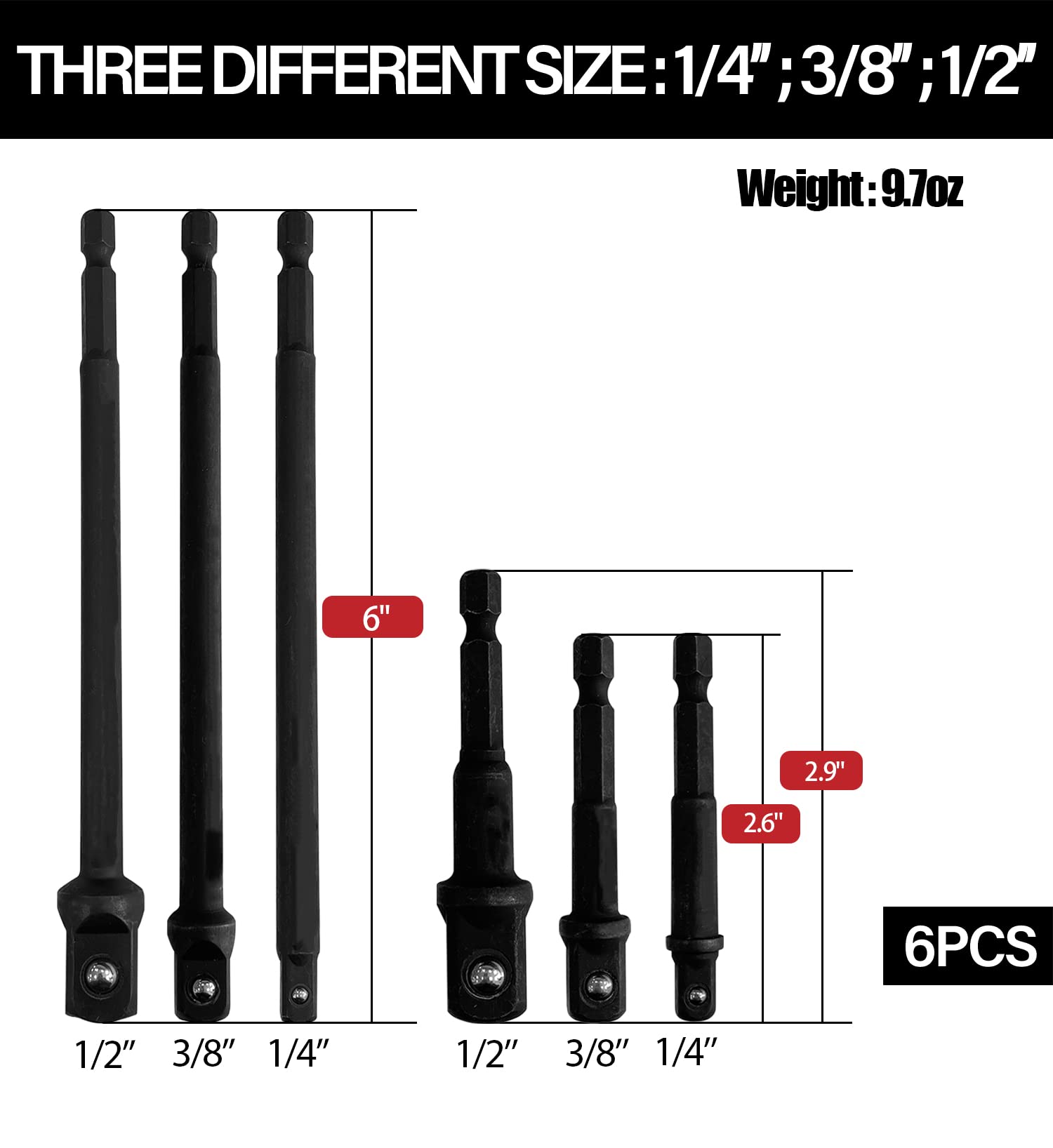 Sutekus 6Pcs Socket Adapter Extension Set with 2.6 & 6 Inch Length, 1/4-Inch Hex Shank Impact Grade Power Drill Sockets Adapters 1/4