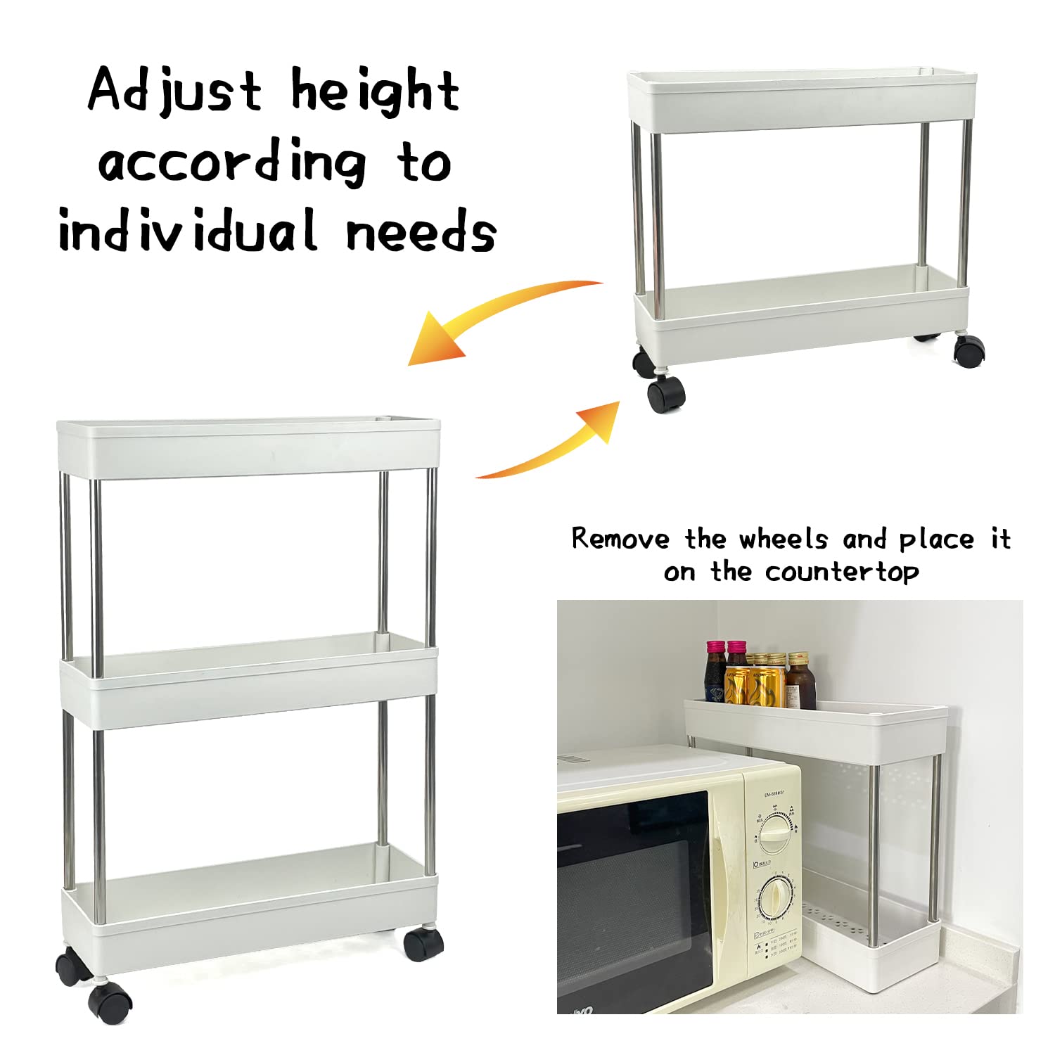 Sutekus Slim Storage Cart 3-Tier Rolling Cart Slide Out Storage Carts Storage Rack Utility Cart for Bathroom Kitchen Laundry Room Organization