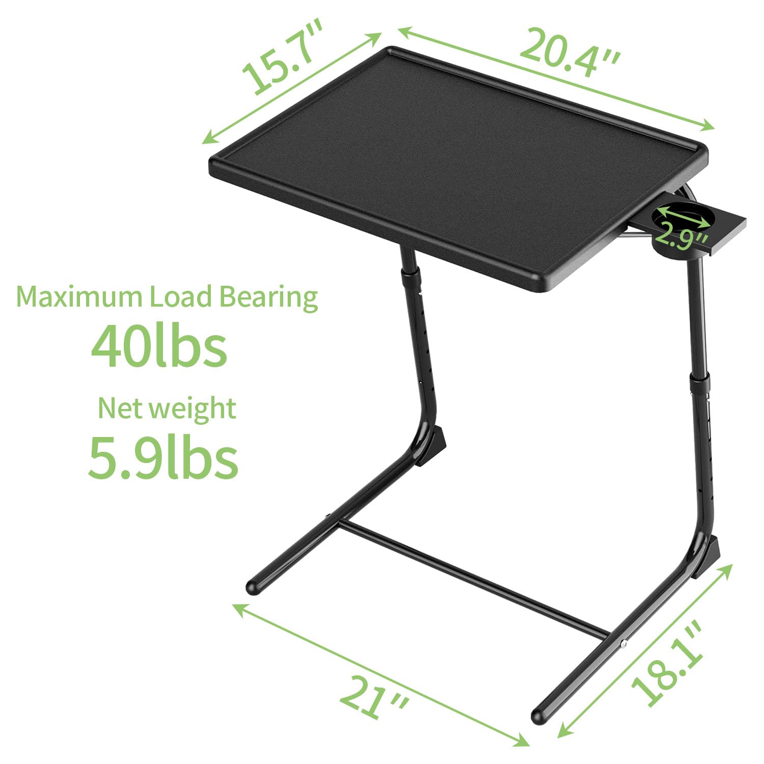 Sutekus Adjustable TV Tray Table Folding TV Tray with Cup Holder Folding Table Trays with 6 Height & 3 Tilt Angle for Couch, Laptop, Bed, Black