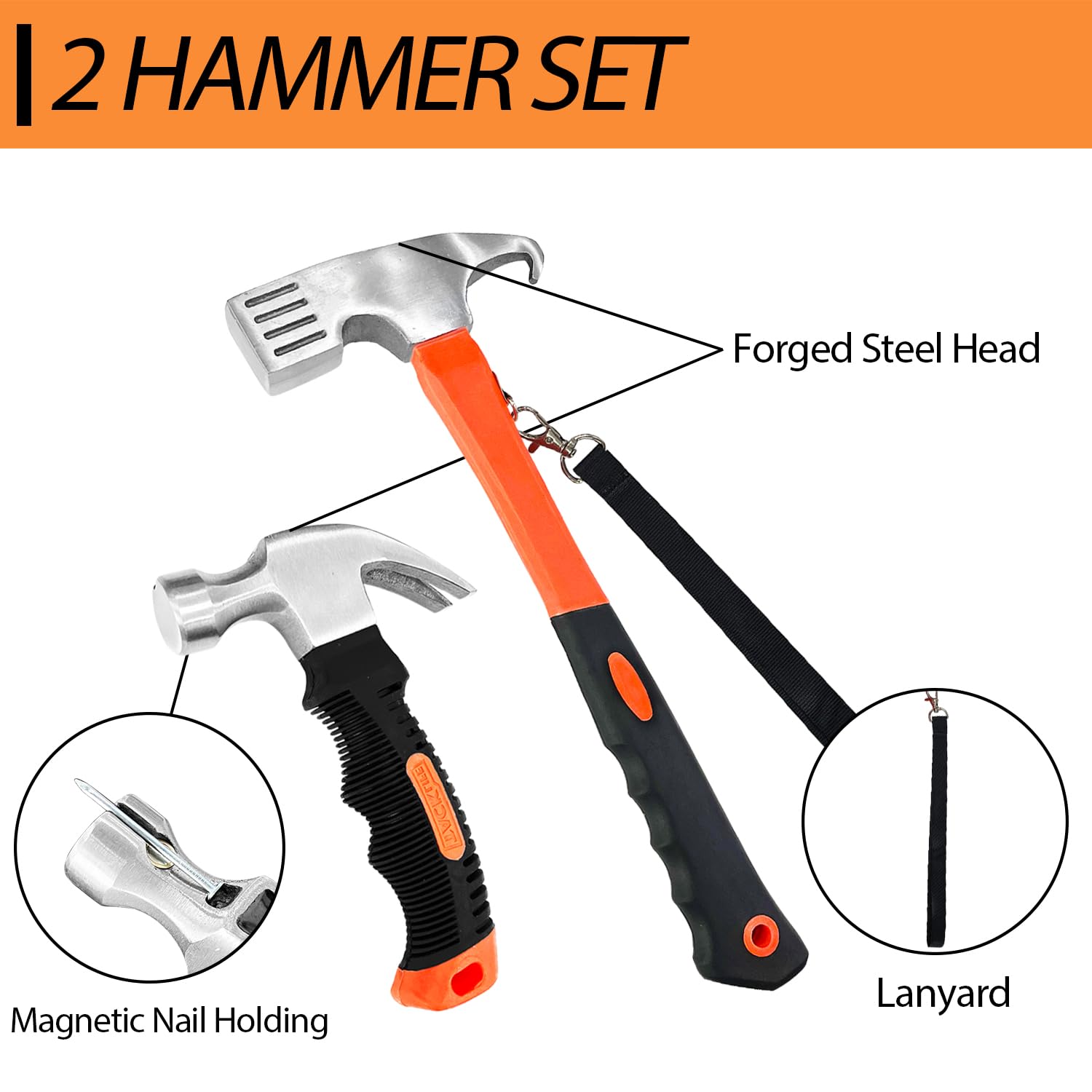 Sutekus Hammer and nails Set 240pcs nail Assortment Kit and 2 Piece Claw Hammers Wall Nails Finishing Nails For Picture Hanging Wood Household DIY Supplies