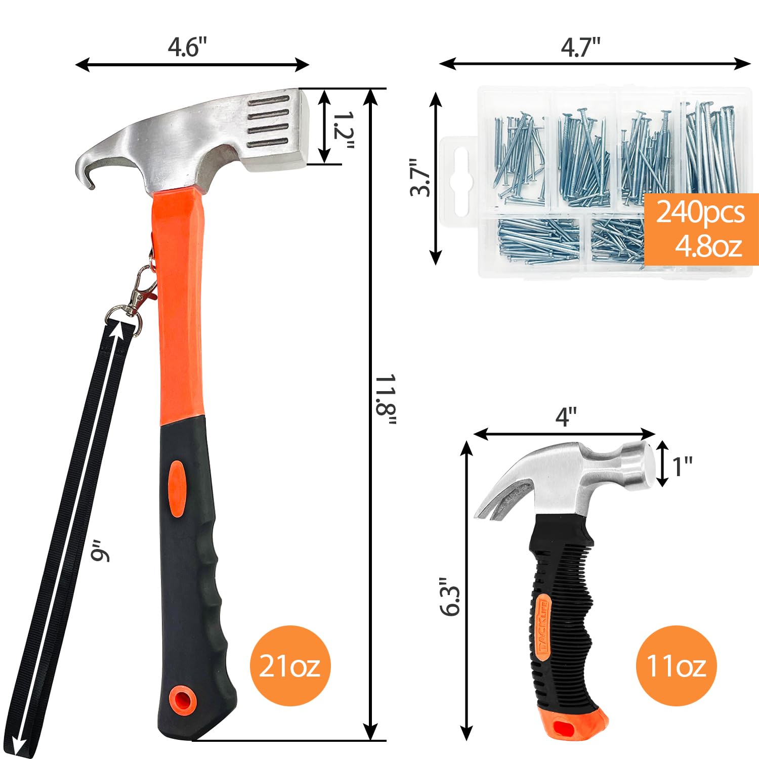 Sutekus Hammer and nails Set 240pcs nail Assortment Kit and 2 Piece Claw Hammers Wall Nails Finishing Nails For Picture Hanging Wood Household DIY Supplies