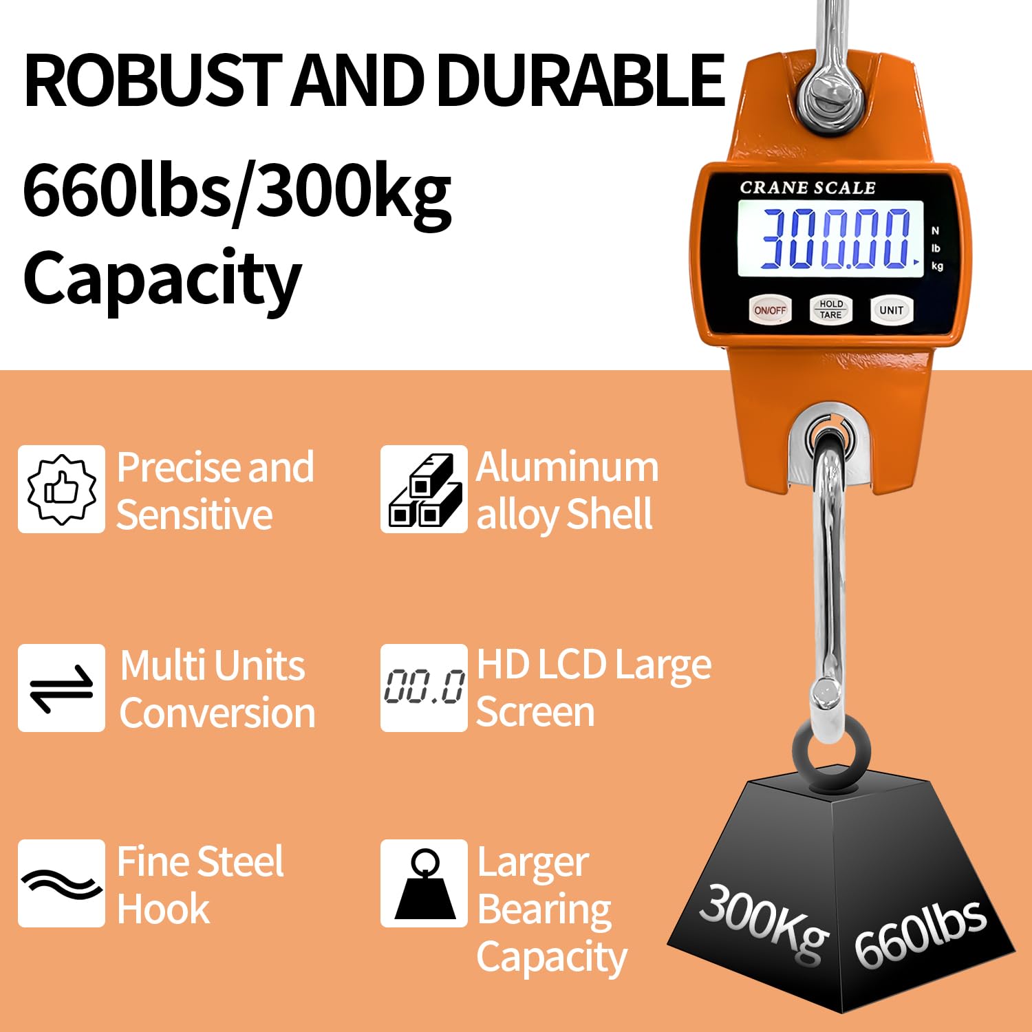 Sutekus Digital Hanging Scale 660lb Portable Crane Scale Waterproof Fish Scale 300kg Handheld Scale for Luggage Farm Hunting Fishing Outdoor