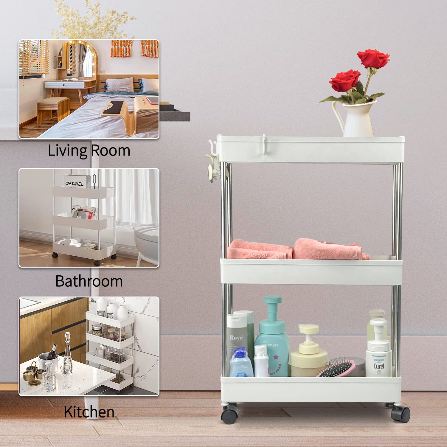 Sutekus Slim Storage Cart 3-Tier Rolling Cart Slide Out Storage Carts Storage Rack Utility Cart for Bathroom Kitchen Laundry Room Organization