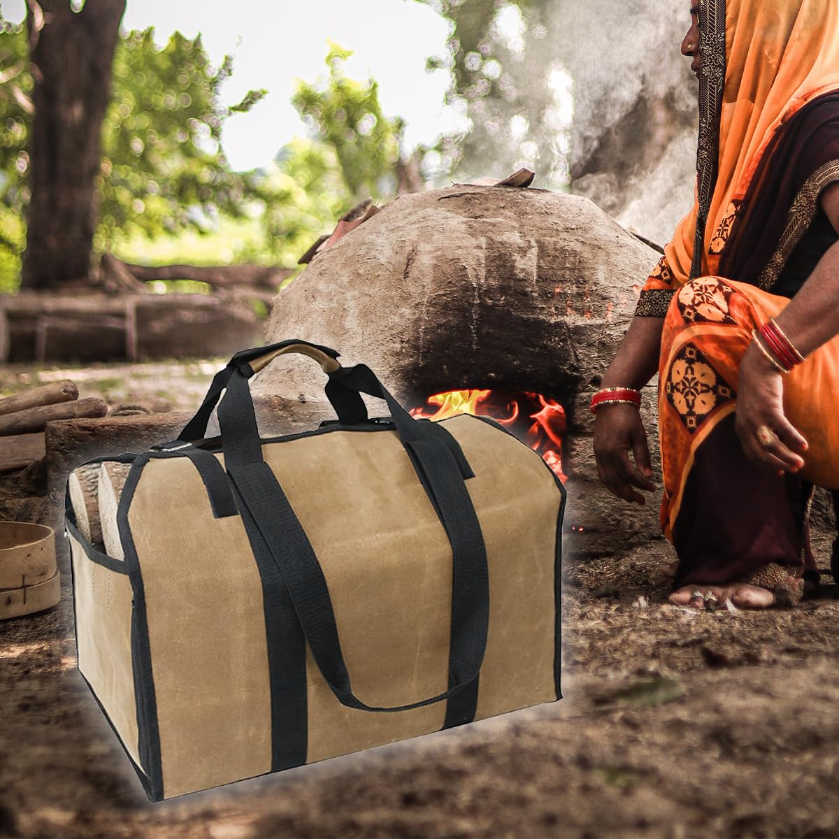 Sutekus Heavy Duty Firewood Carrier Canvas Log Carrier Wood Tote for Fireplace Fire Pit Outdoor Camping