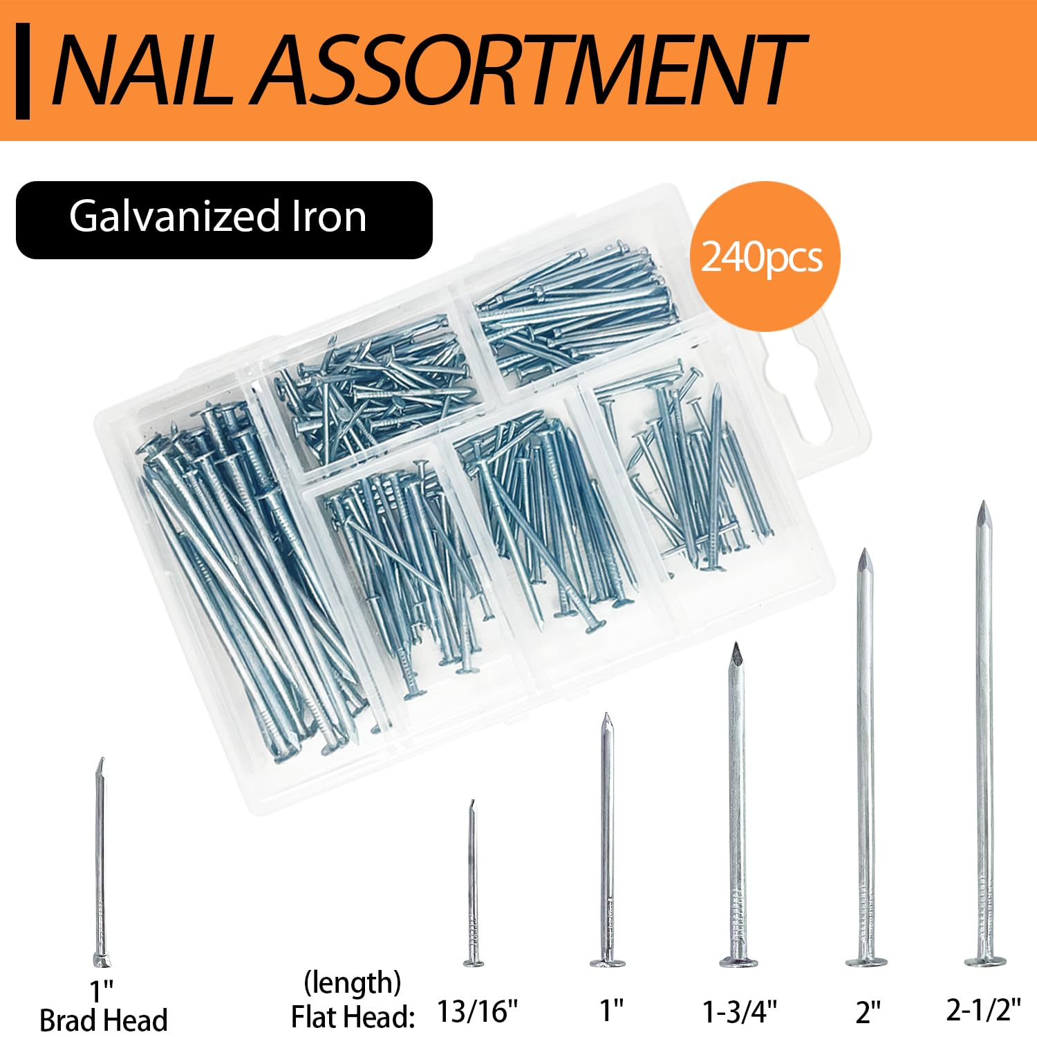 Sutekus Hammer and nails Set 240pcs nail Assortment Kit and 2 Piece Claw Hammers Wall Nails Finishing Nails For Picture Hanging Wood Household DIY Supplies
