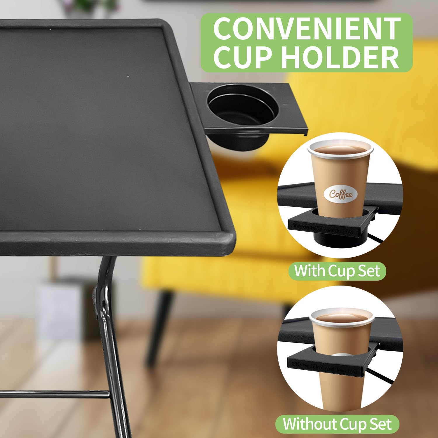 Sutekus Adjustable TV Tray Table Folding TV Tray with Cup Holder Folding Table Trays with 6 Height & 3 Tilt Angle for Couch, Laptop, Bed, Black