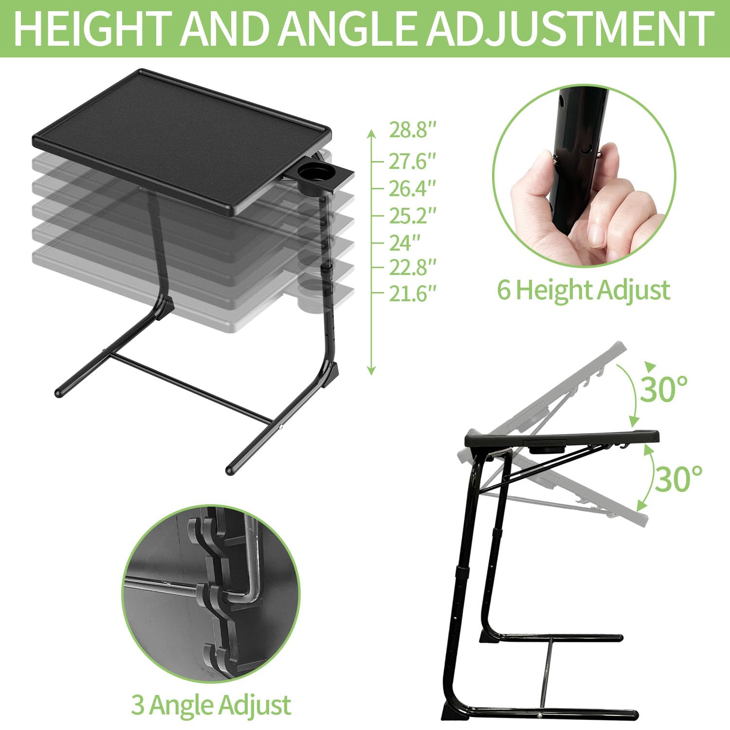 Sutekus Adjustable TV Tray Table Folding TV Tray with Cup Holder Folding Table Trays with 6 Height & 3 Tilt Angle for Couch, Laptop, Bed, Black